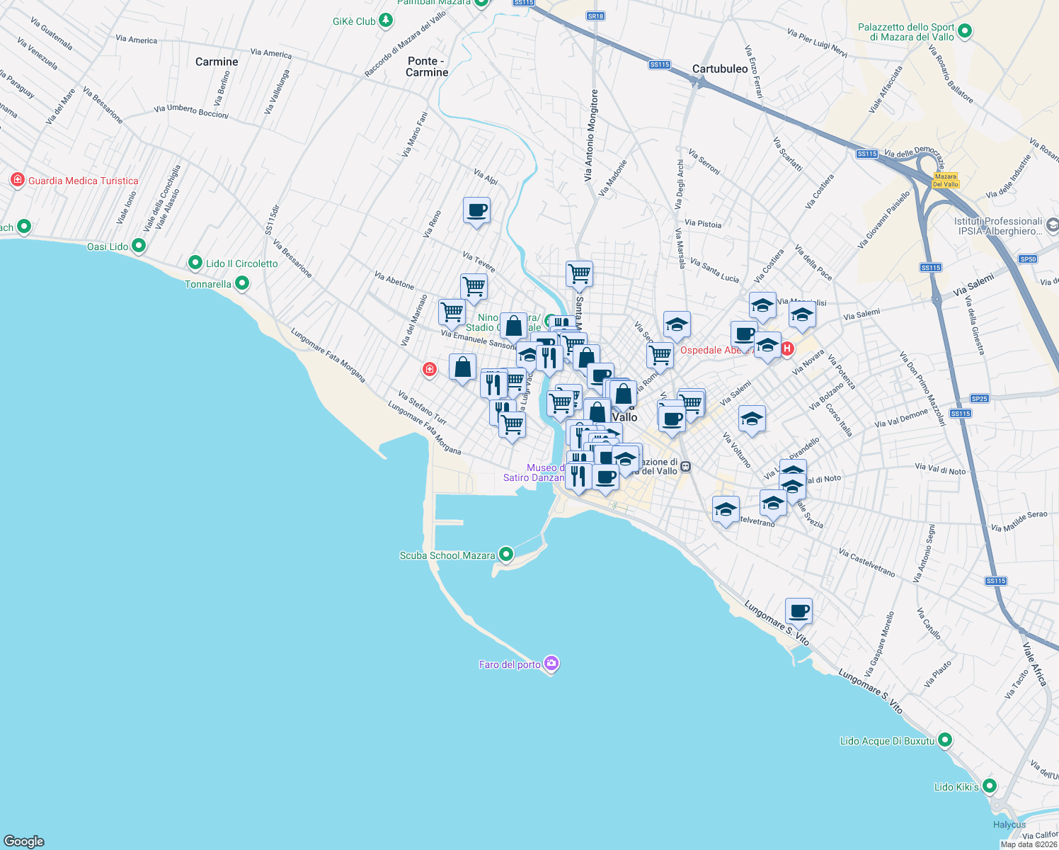 map of restaurants, bars, coffee shops, grocery stores, and more near 36 Via Pantelleria in Mazara del Vallo
