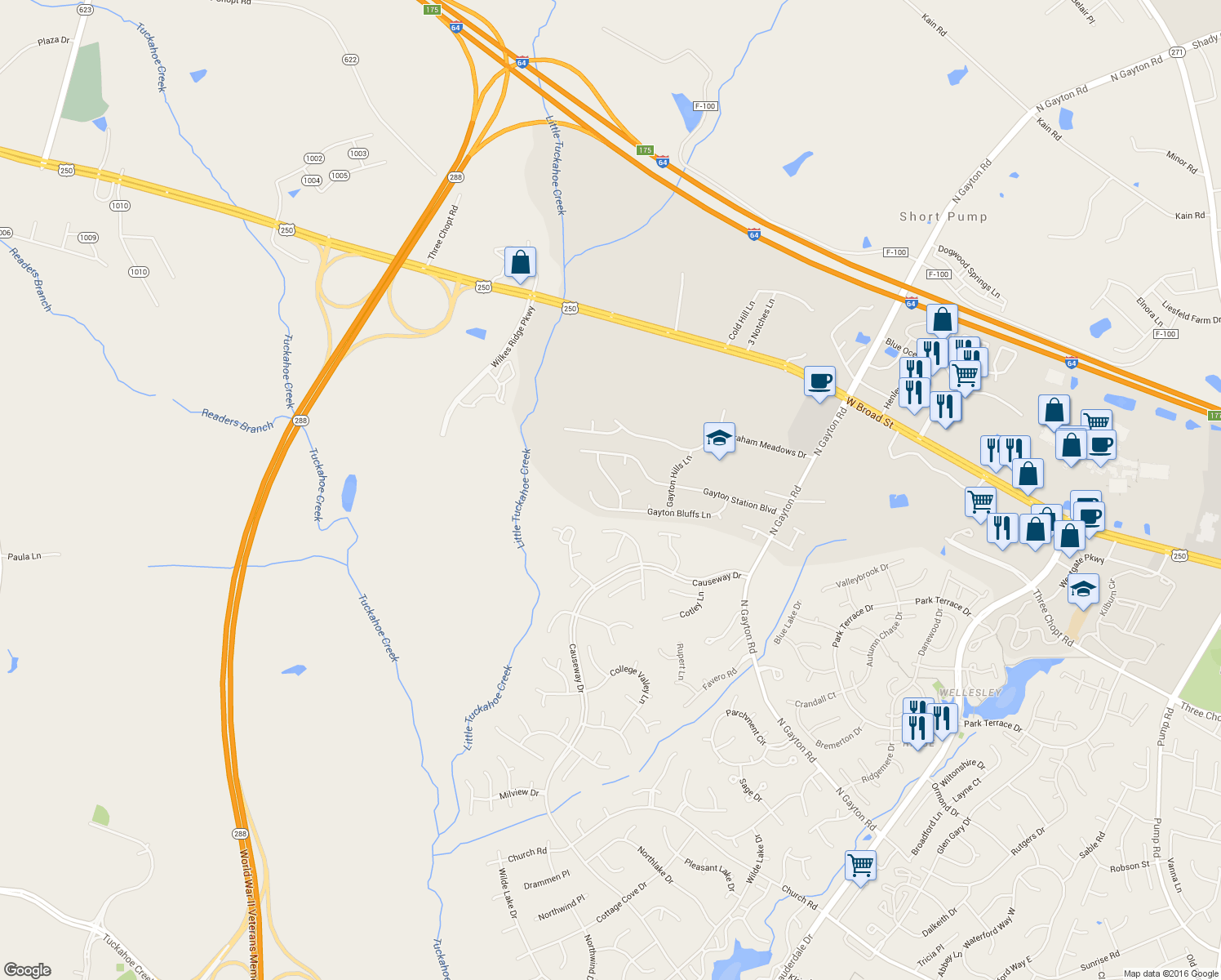 map of restaurants, bars, coffee shops, grocery stores, and more near 3413 Gayton Meadows Terrace in Henrico