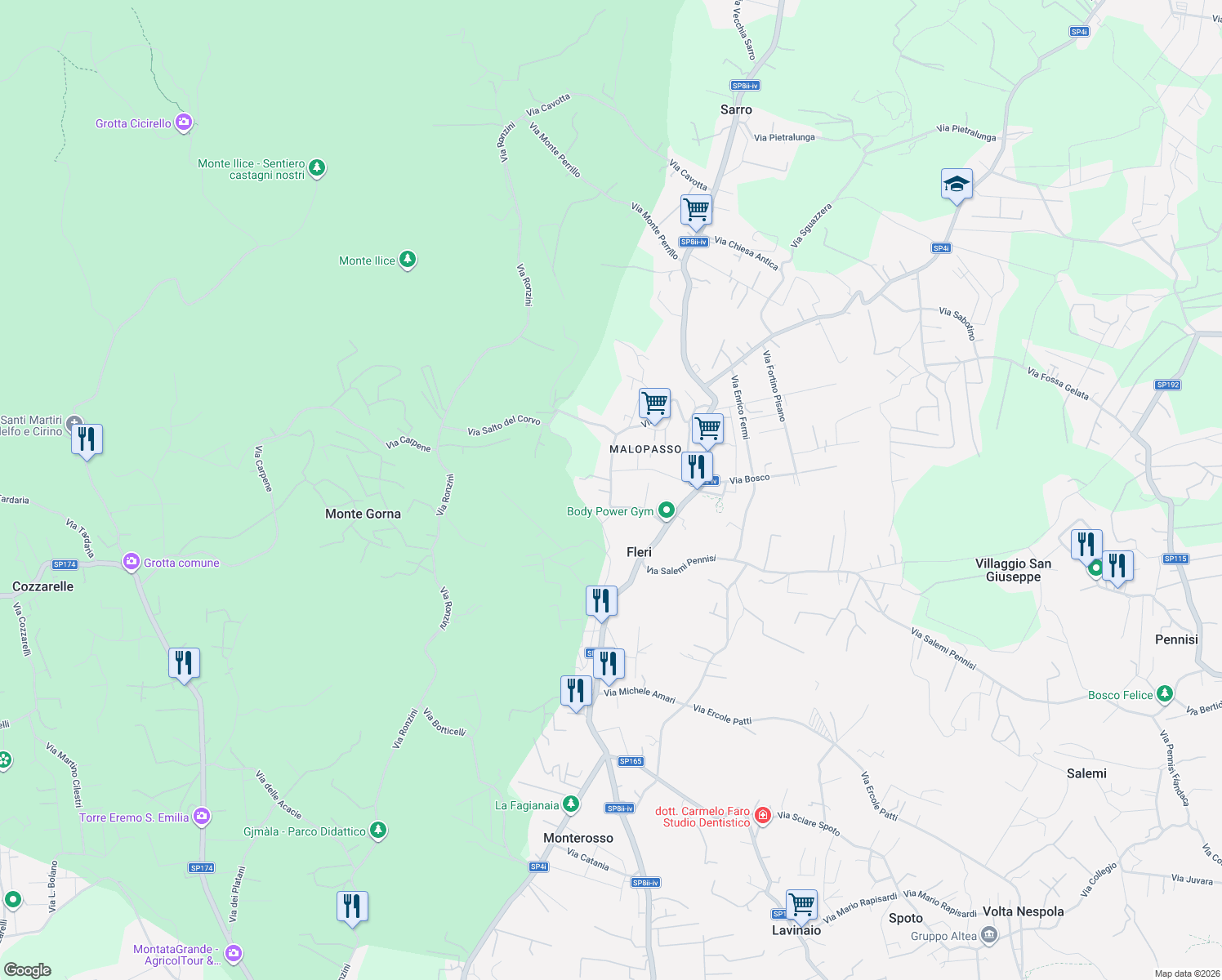 map of restaurants, bars, coffee shops, grocery stores, and more near 1 Via San Giovanello in Zafferana Etnea