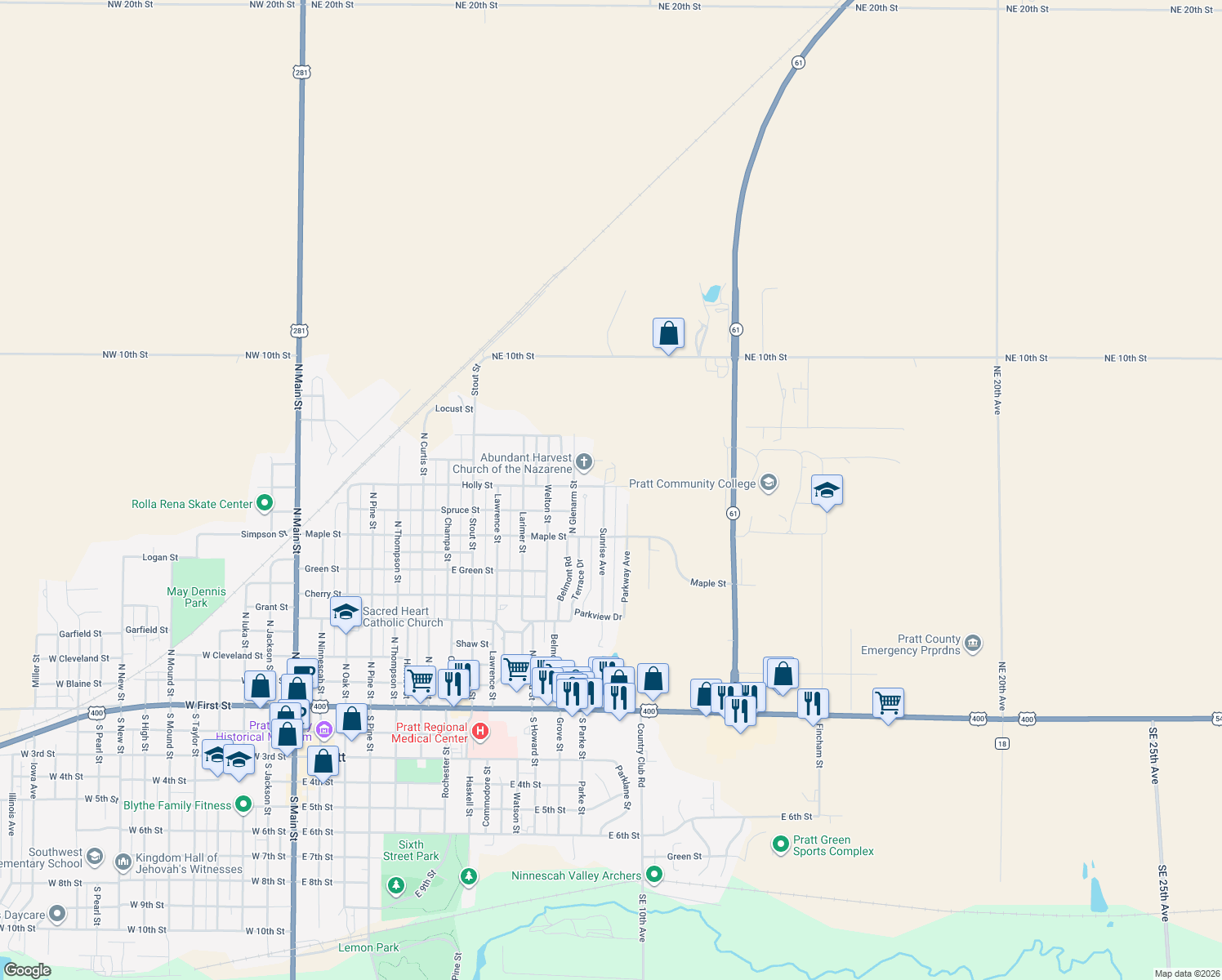 map of restaurants, bars, coffee shops, grocery stores, and more near 1301 Holly St in Pratt