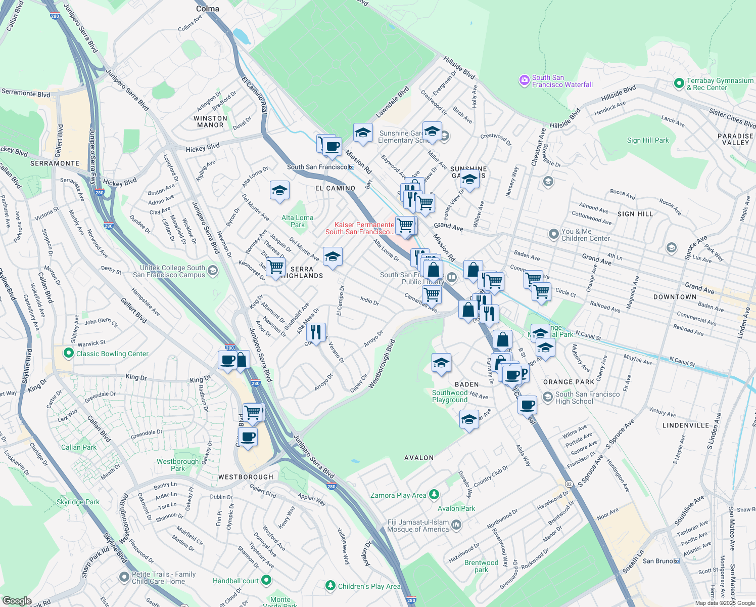 map of restaurants, bars, coffee shops, grocery stores, and more near Indio Drive in South San Francisco