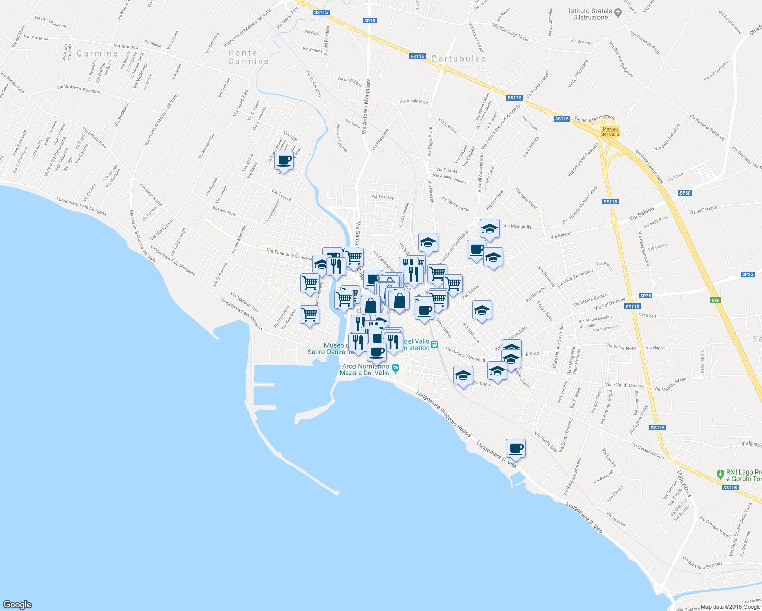 map of restaurants, bars, coffee shops, grocery stores, and more near in Mazara del Vallo