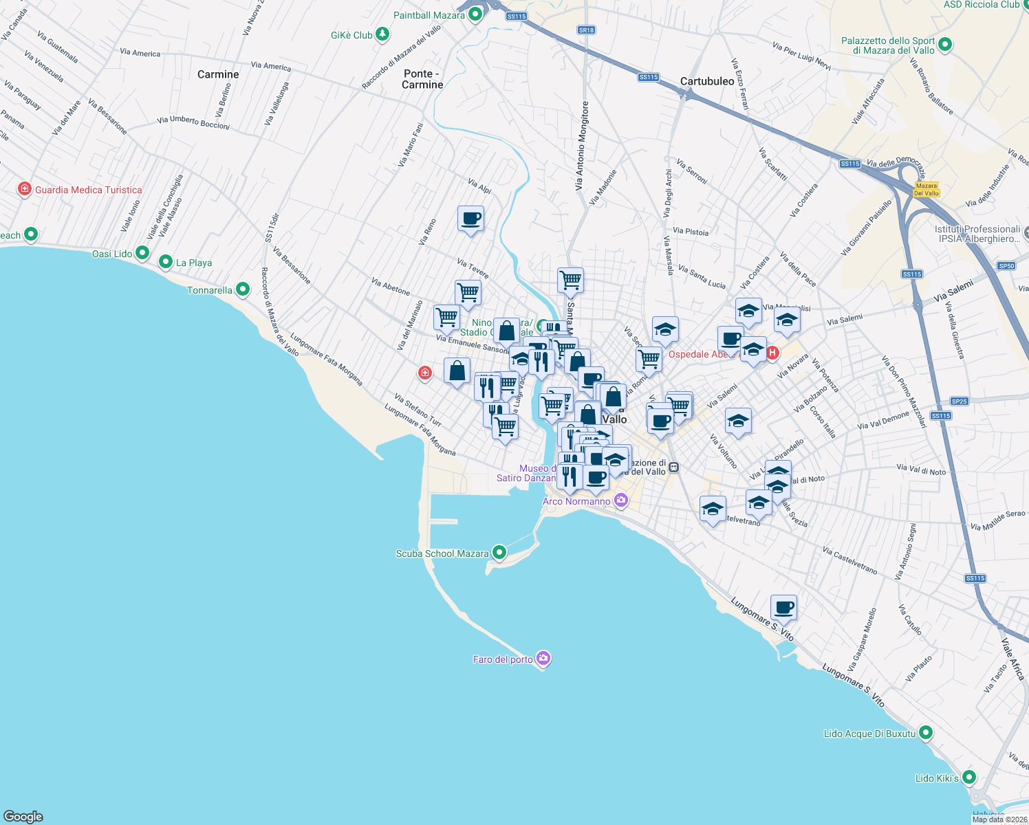 map of restaurants, bars, coffee shops, grocery stores, and more near 36 Via Pantelleria in Mazara del Vallo