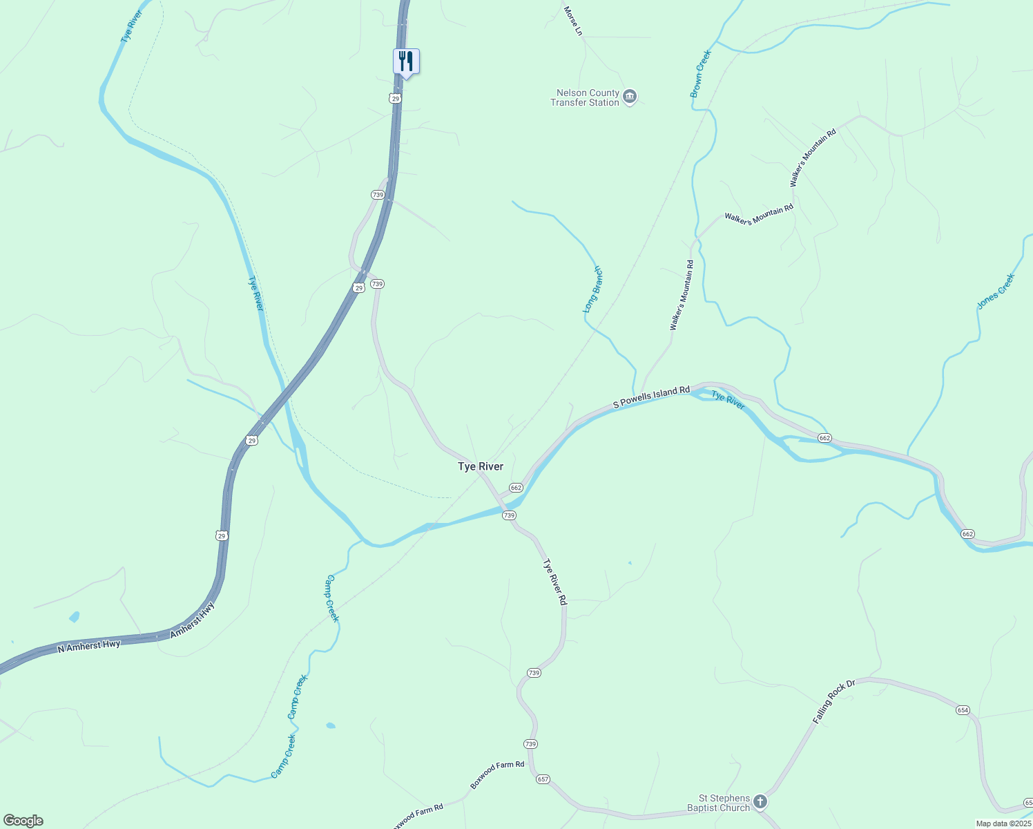 map of restaurants, bars, coffee shops, grocery stores, and more near 197 Tye River Depot Lane in Arrington