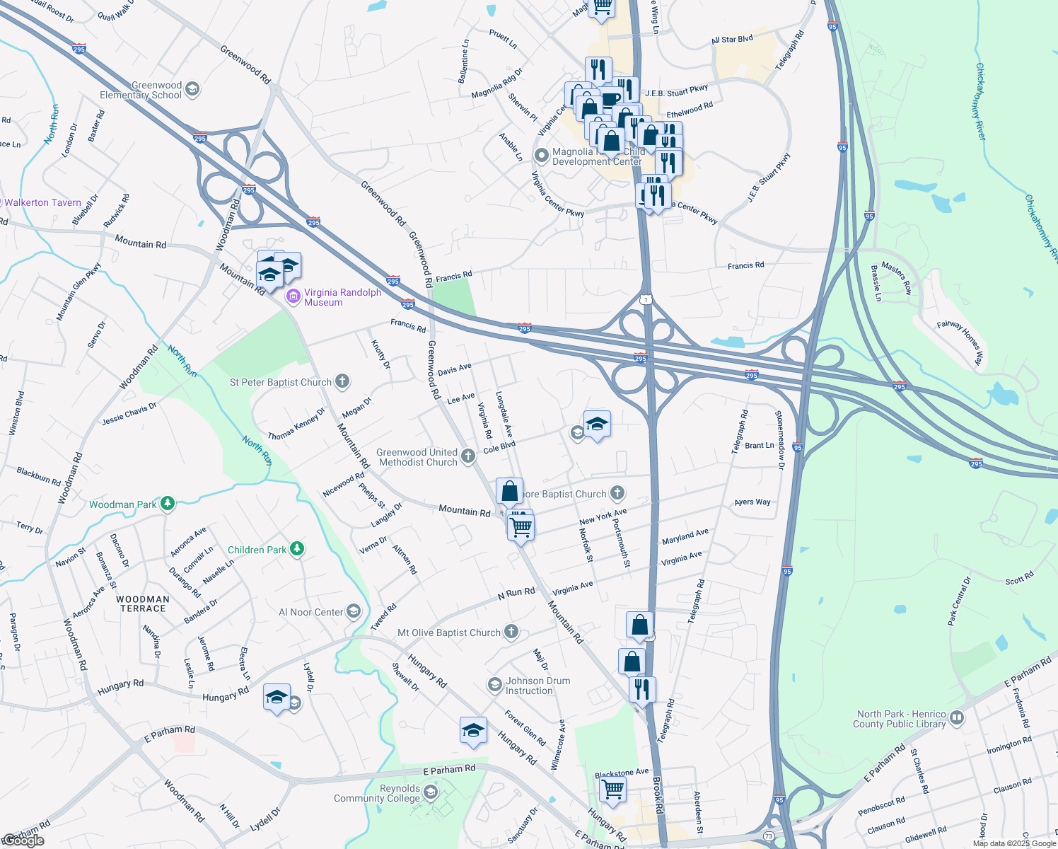 map of restaurants, bars, coffee shops, grocery stores, and more near 1414 Cole Boulevard in Glen Allen