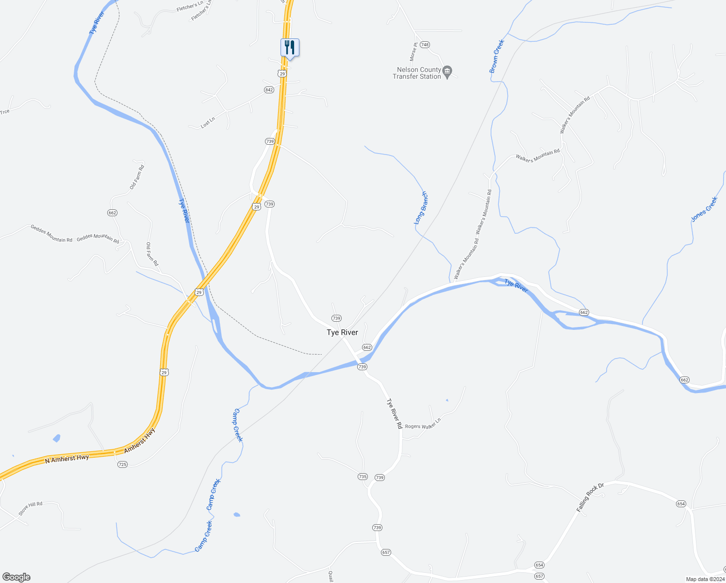 map of restaurants, bars, coffee shops, grocery stores, and more near 197 Tye River Depot Lane in Arrington