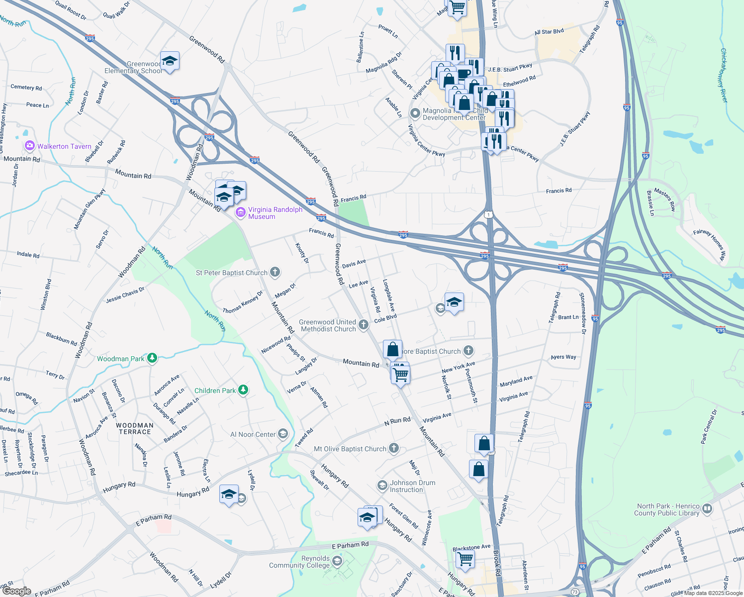 map of restaurants, bars, coffee shops, grocery stores, and more near 10140 Virginia Road in Glen Allen