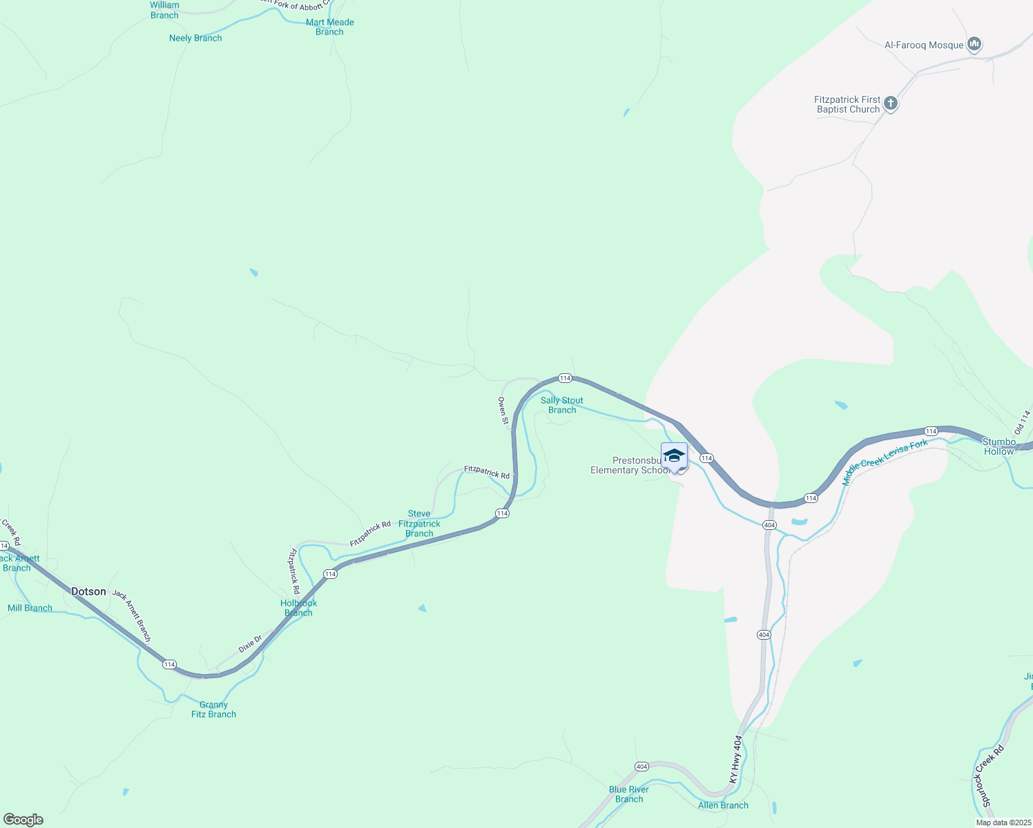 map of restaurants, bars, coffee shops, grocery stores, and more near Kentucky 114 in Prestonsburg