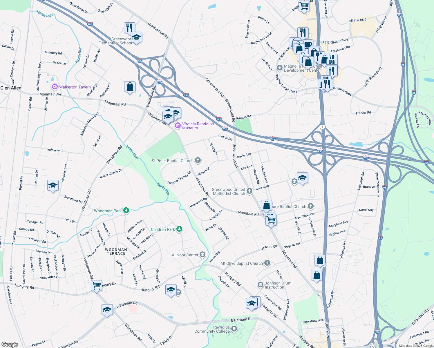 map of restaurants, bars, coffee shops, grocery stores, and more near 2101 Mountain Run Drive in Glen Allen