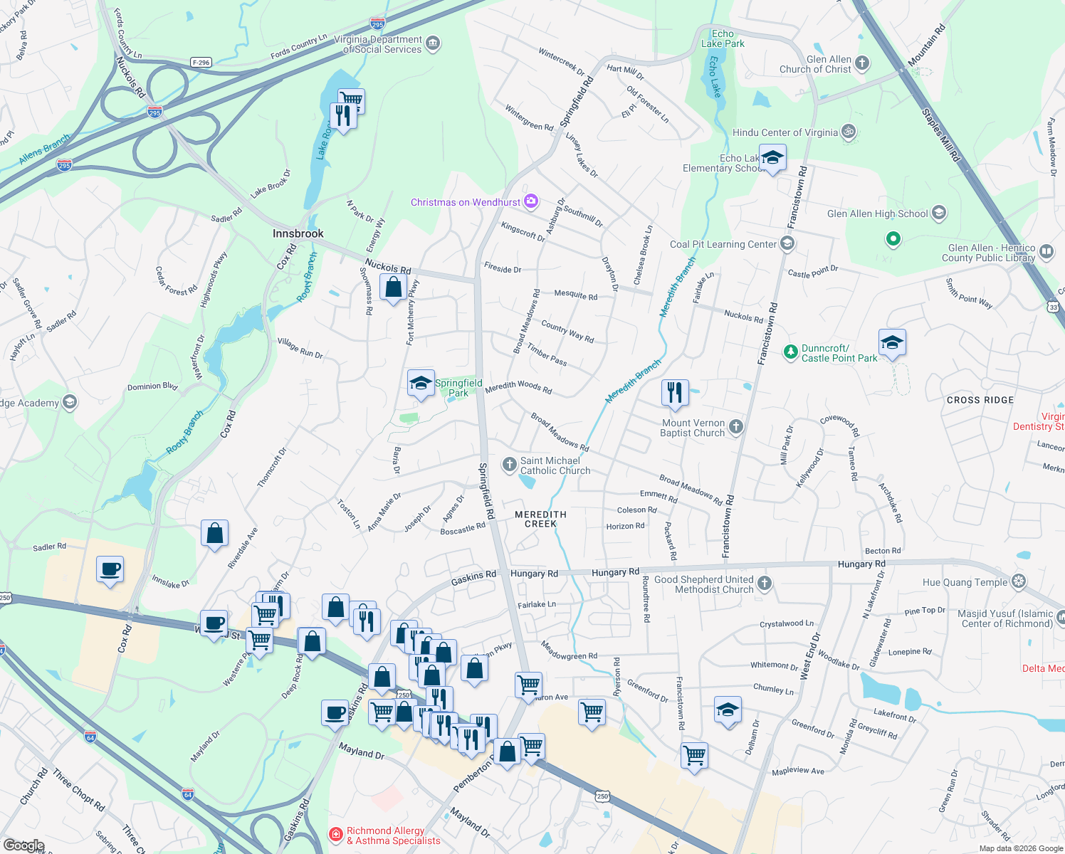 map of restaurants, bars, coffee shops, grocery stores, and more near 4810 Tahoe Court in Glen Allen