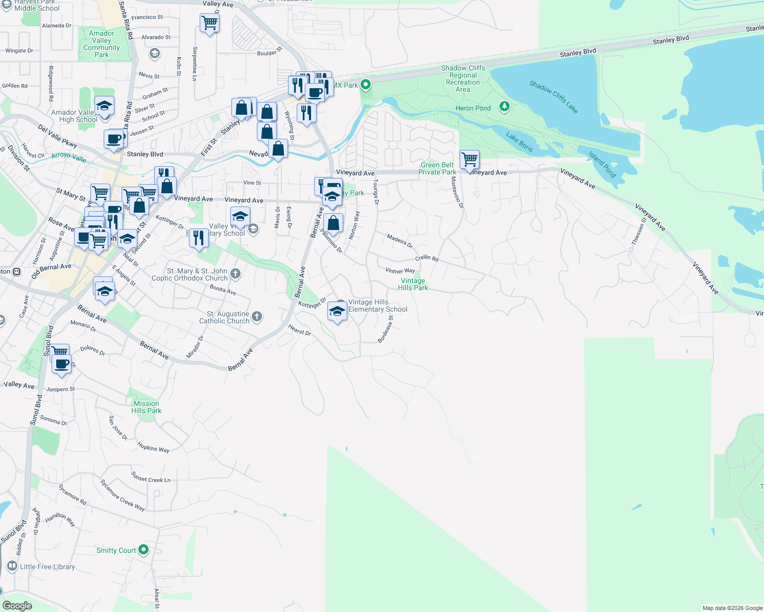 map of restaurants, bars, coffee shops, grocery stores, and more near 3484 Bordeaux Place in Pleasanton