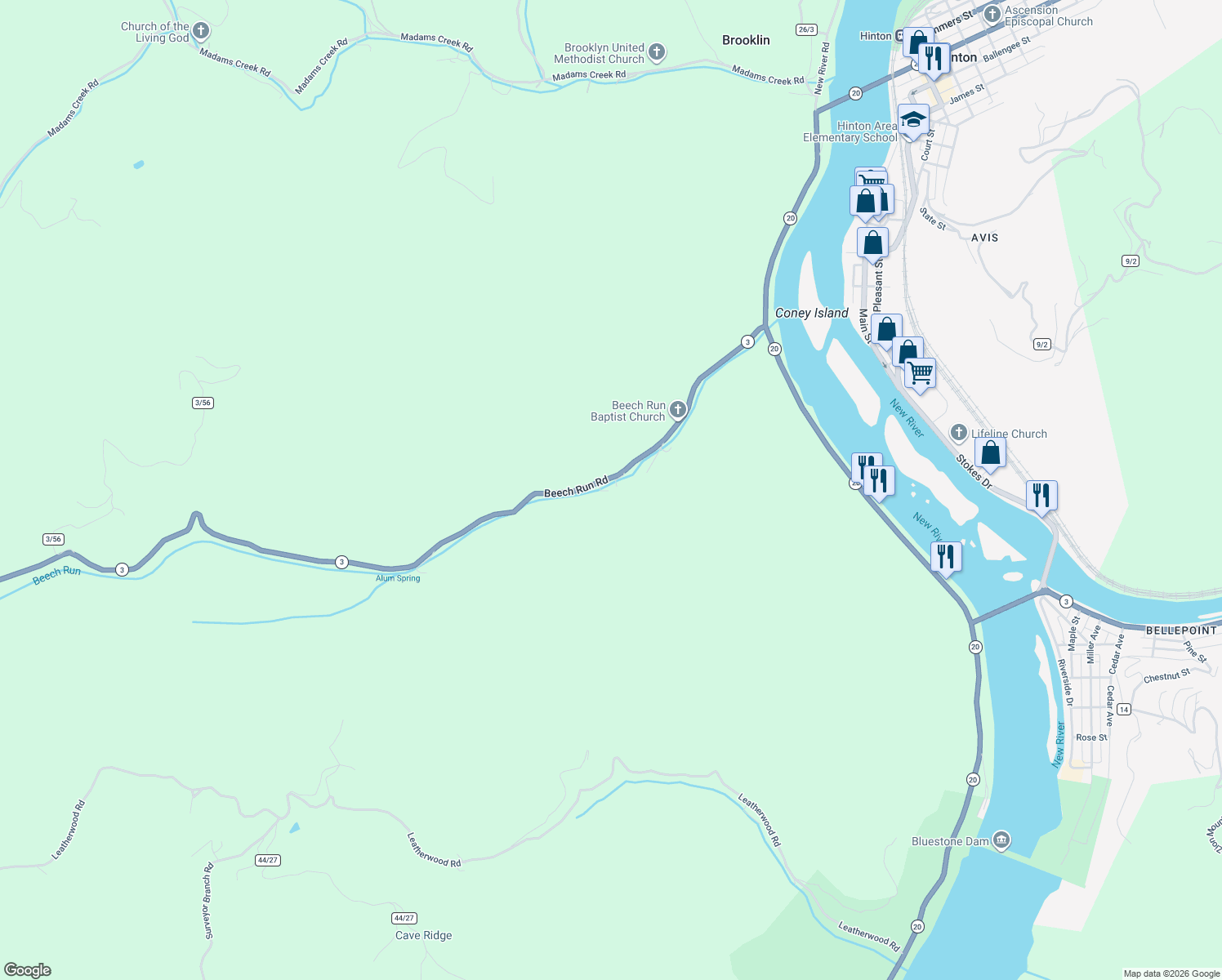 map of restaurants, bars, coffee shops, grocery stores, and more near 10796 Beech Run Road in Hinton