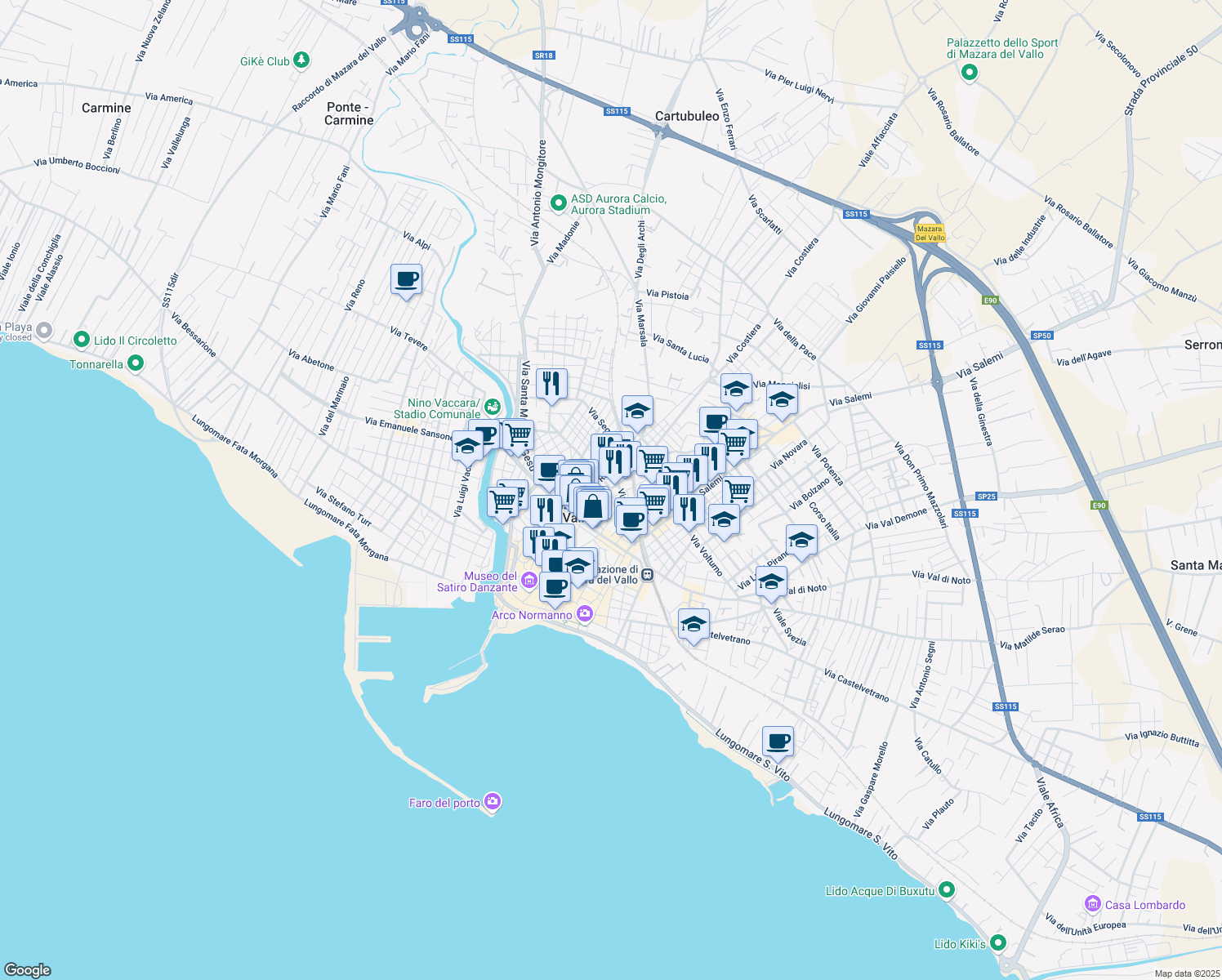map of restaurants, bars, coffee shops, grocery stores, and more near 90 Via Madonna del Paradiso in Mazara del Vallo