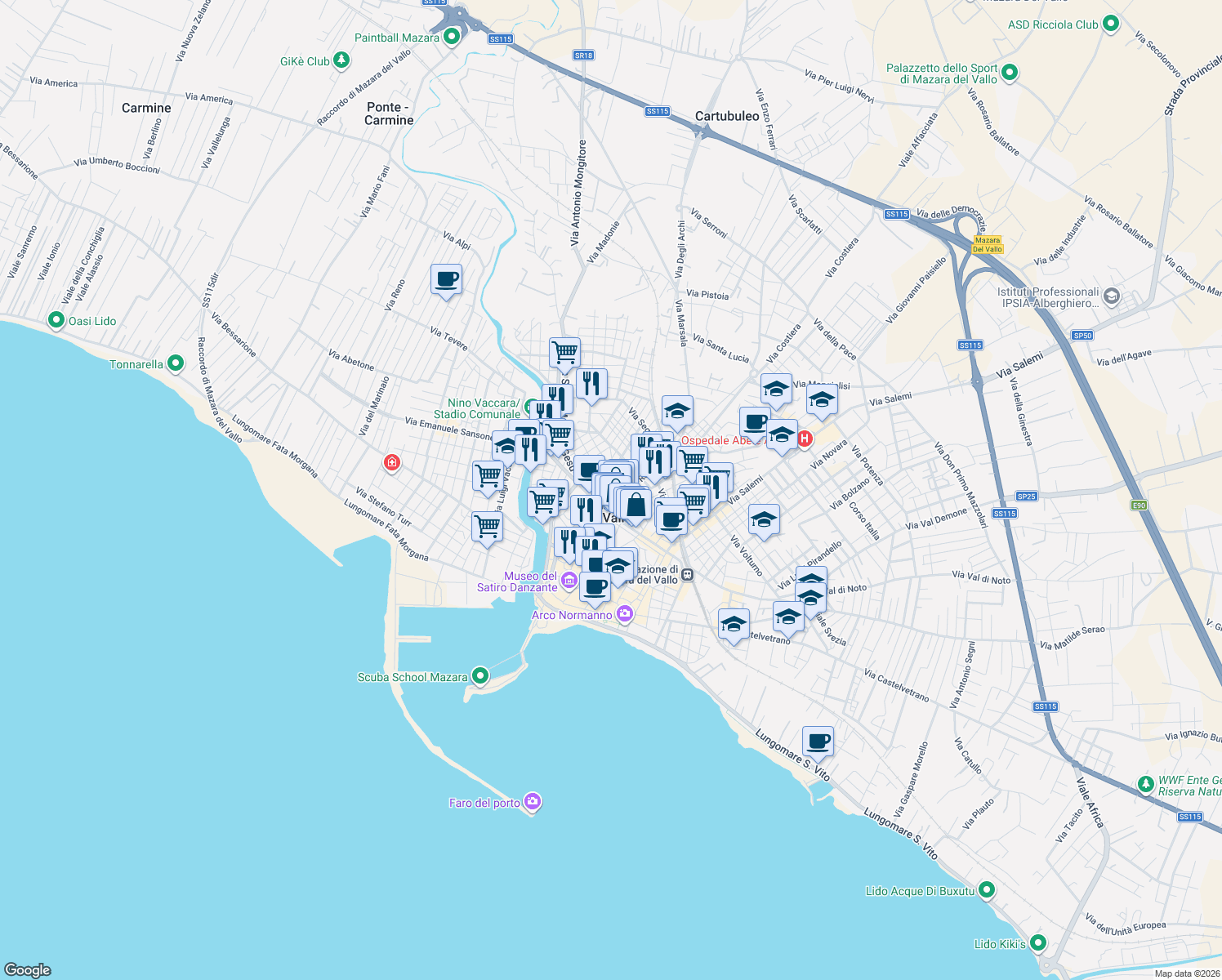 map of restaurants, bars, coffee shops, grocery stores, and more near 4-6 Via Roma in Mazara del Vallo