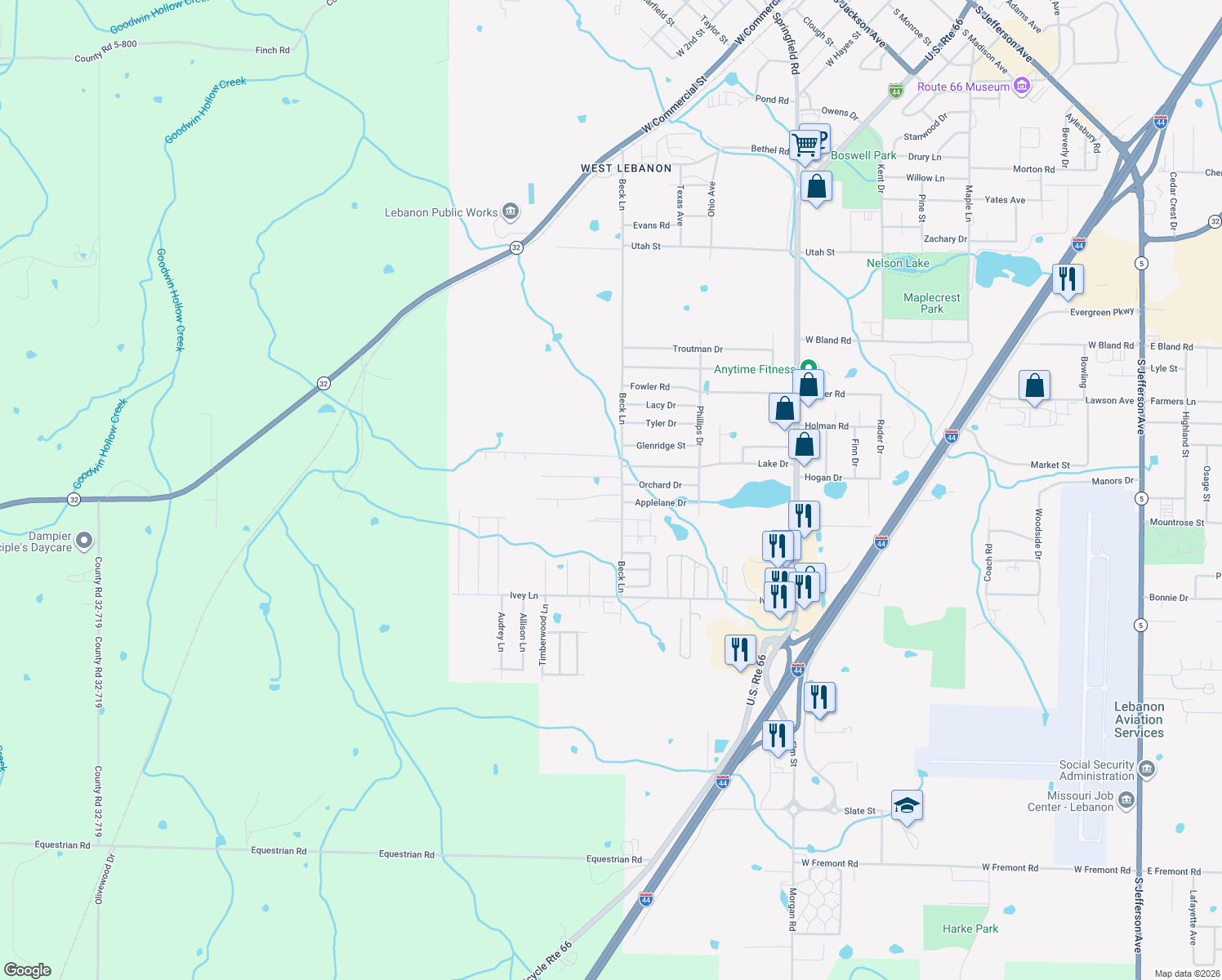 map of restaurants, bars, coffee shops, grocery stores, and more near 1309 Jessalinn Drive in Lebanon