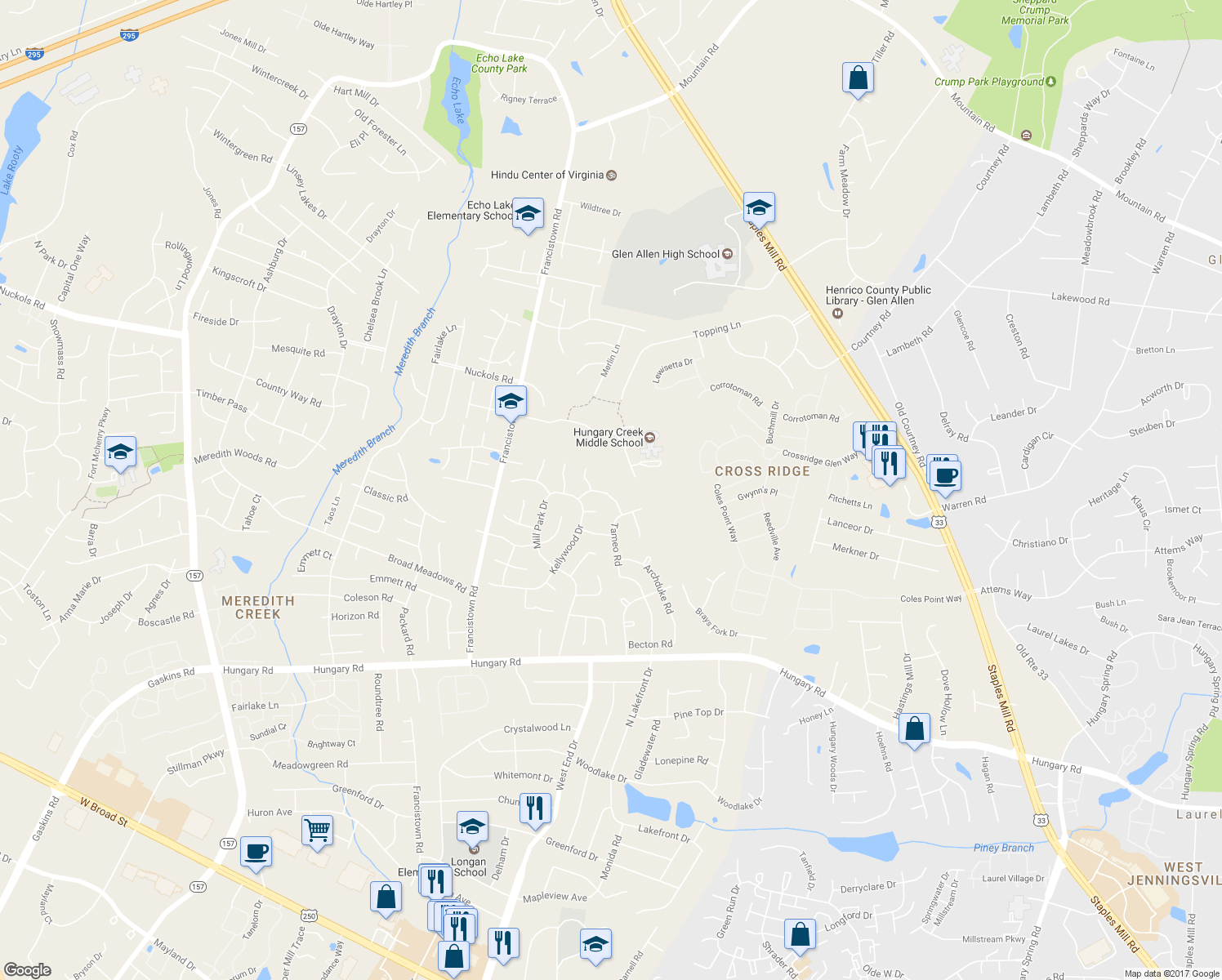 map of restaurants, bars, coffee shops, grocery stores, and more near 9010 Covewood Road in Glen Allen
