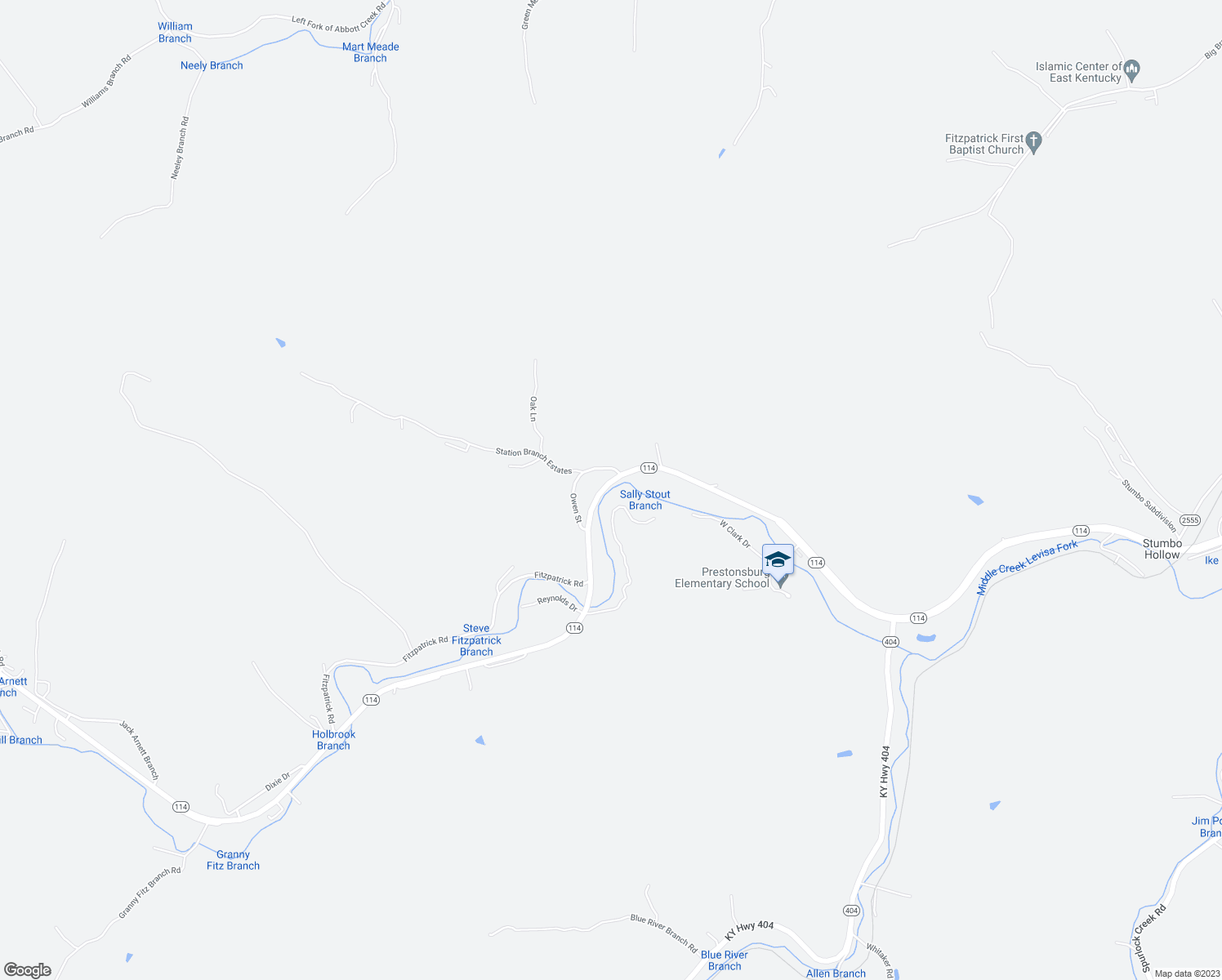 map of restaurants, bars, coffee shops, grocery stores, and more near 415 Woodland Hills Road in Prestonsburg