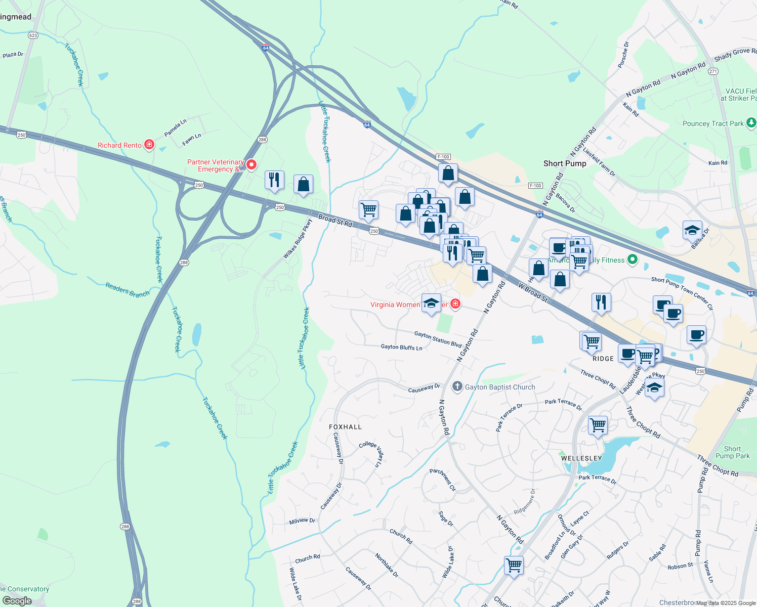 map of restaurants, bars, coffee shops, grocery stores, and more near 12437 Graham Meadows Drive in Richmond