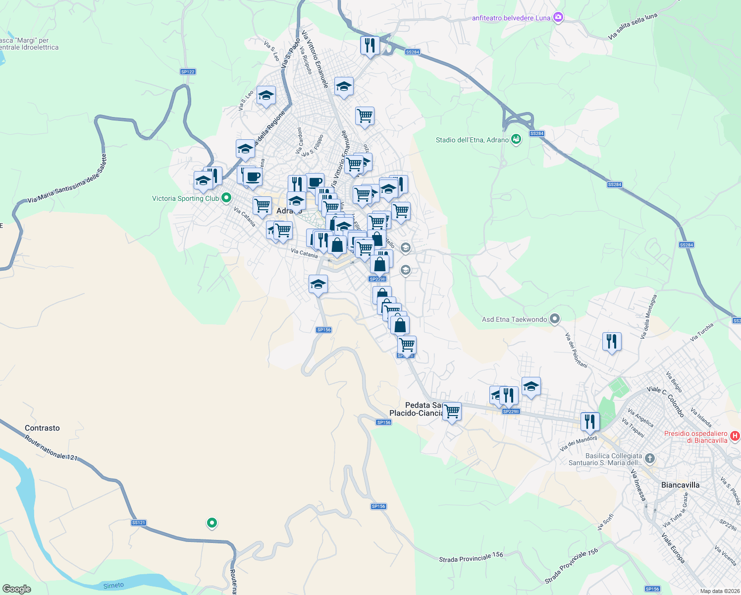 map of restaurants, bars, coffee shops, grocery stores, and more near 4 Via Luigi Galvani in Adrano