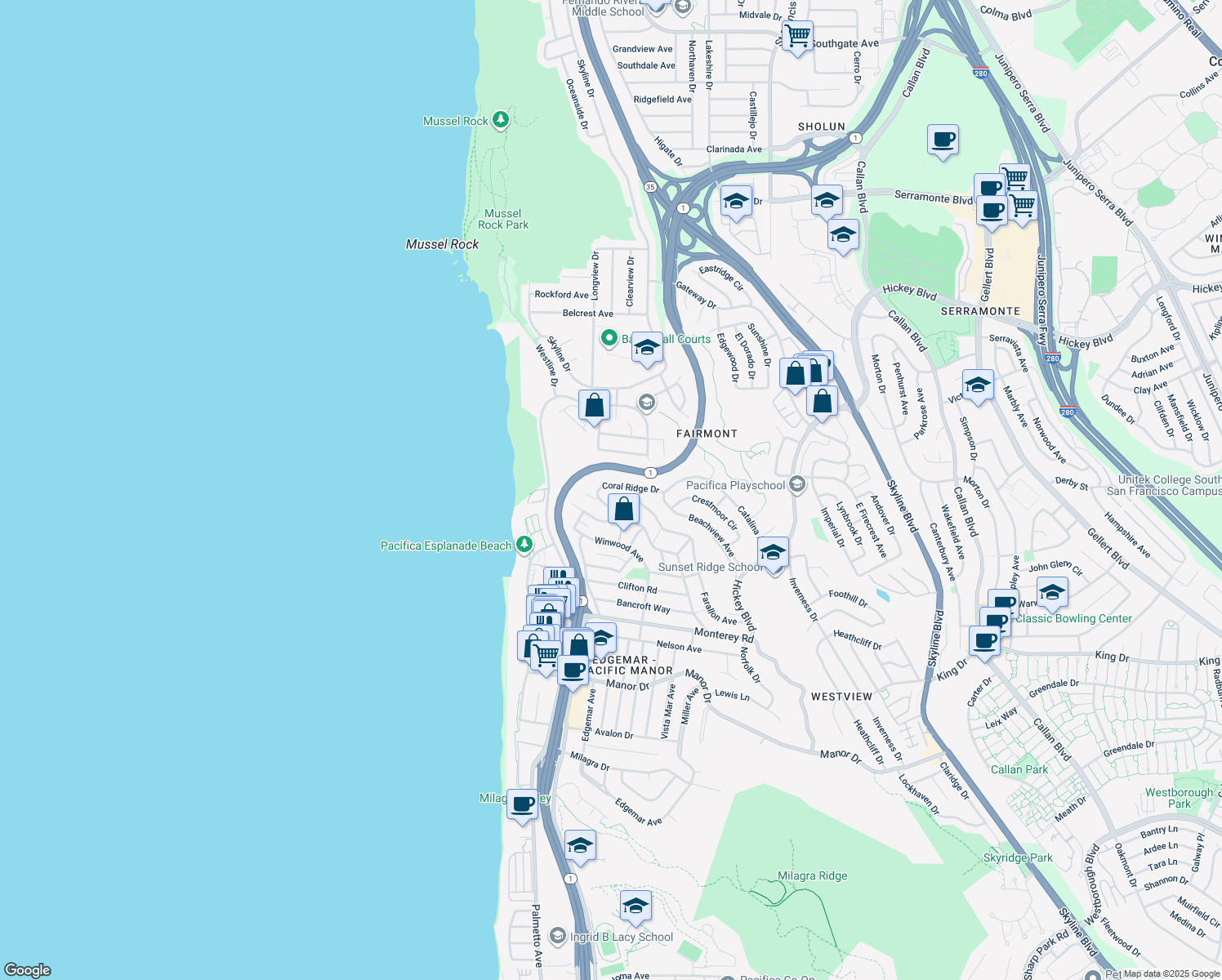 map of restaurants, bars, coffee shops, grocery stores, and more near 354 Coral Ridge Drive in Pacifica