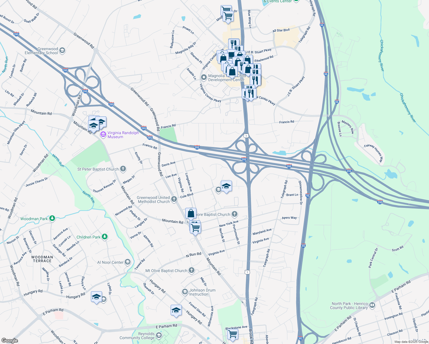 map of restaurants, bars, coffee shops, grocery stores, and more near 1325 Berrymeade Avenue in Glen Allen