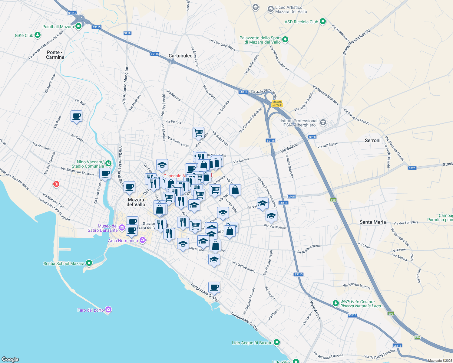 map of restaurants, bars, coffee shops, grocery stores, and more near 58 Via Livorno in Mazara del Vallo