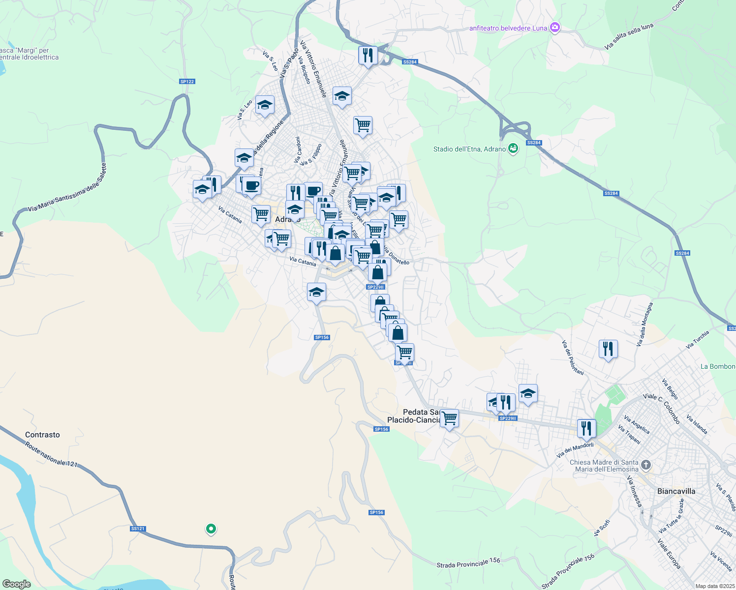 map of restaurants, bars, coffee shops, grocery stores, and more near 4 Via Luigi Galvani in Adrano