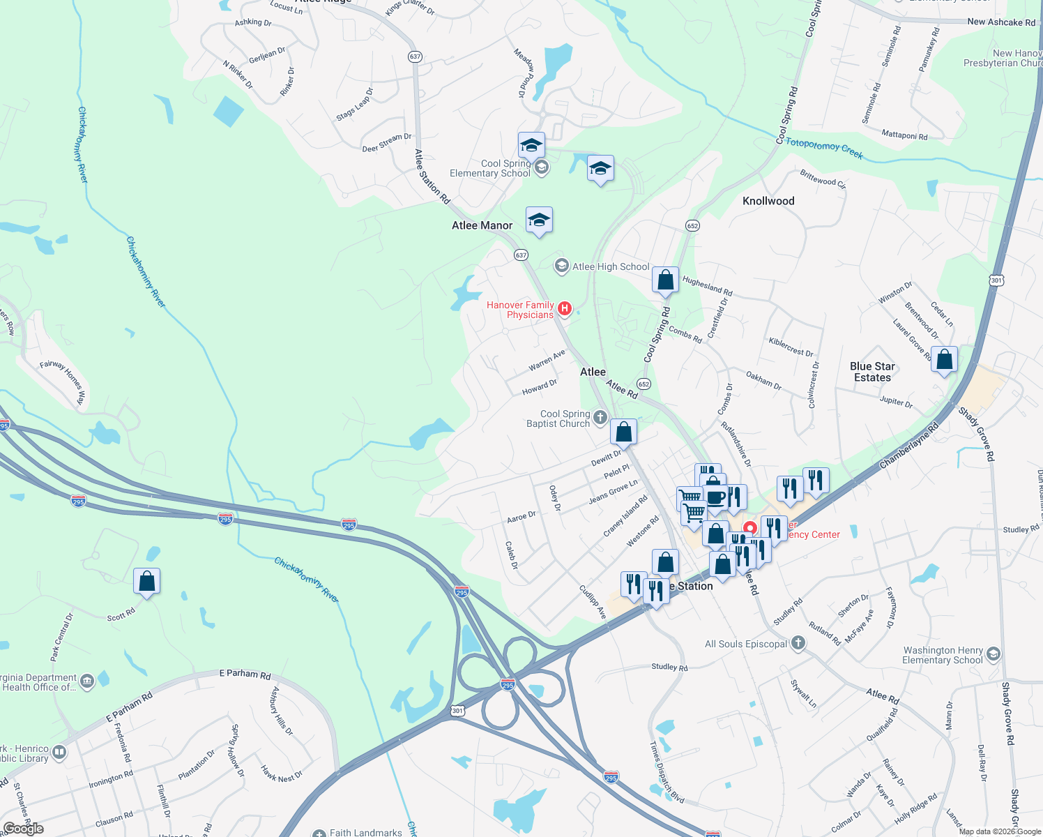 map of restaurants, bars, coffee shops, grocery stores, and more near 9128 Mills Lane in Mechanicsville