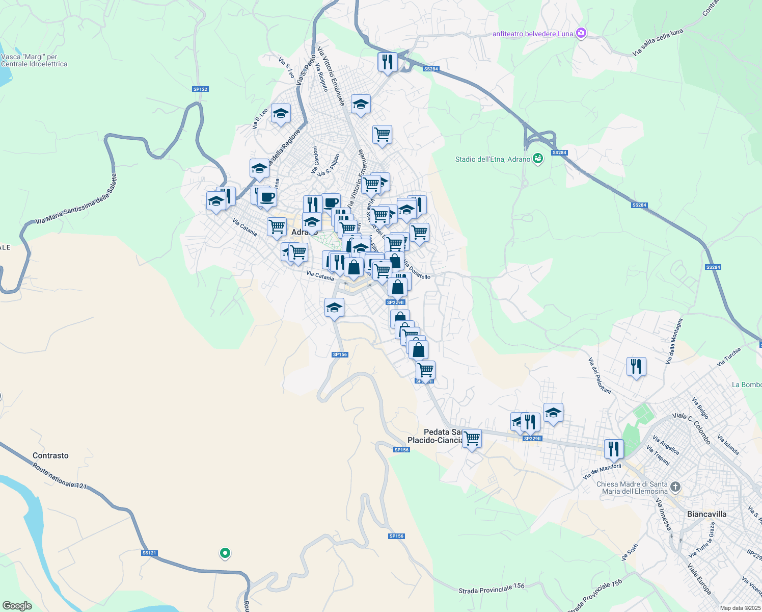 map of restaurants, bars, coffee shops, grocery stores, and more near 4 Via Luigi Galvani in Adrano