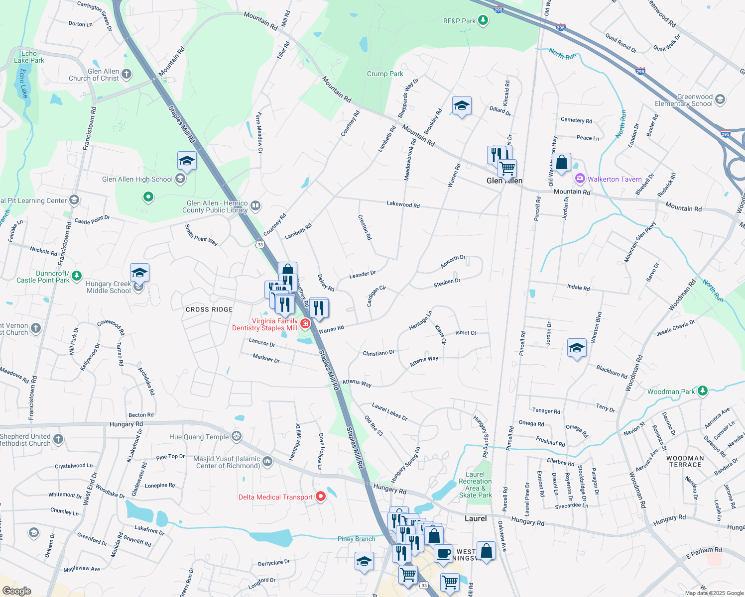 map of restaurants, bars, coffee shops, grocery stores, and more near 10311 Cardigan Circle in Glen Allen