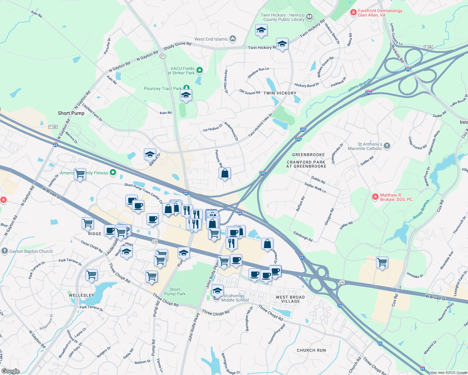 map of restaurants, bars, coffee shops, grocery stores, and more near 11600 Coachmans Carriage Place in Glen Allen