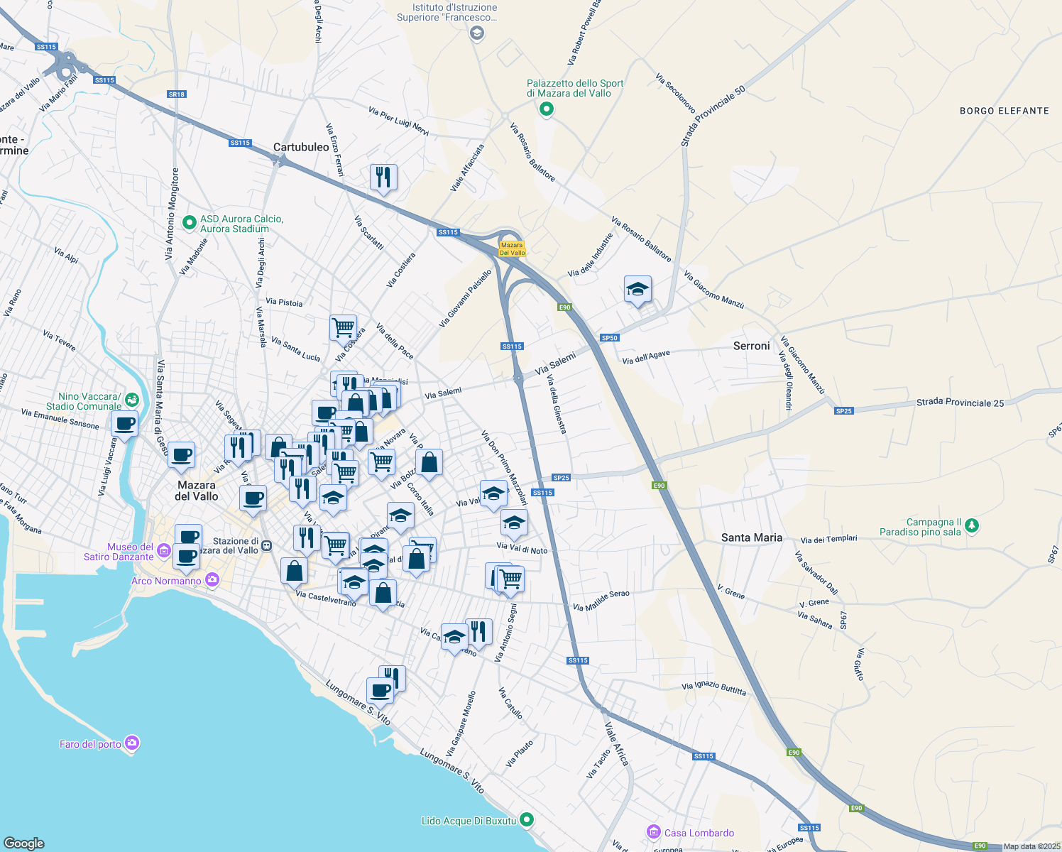 map of restaurants, bars, coffee shops, grocery stores, and more near 56 SS115 in Mazara del Vallo