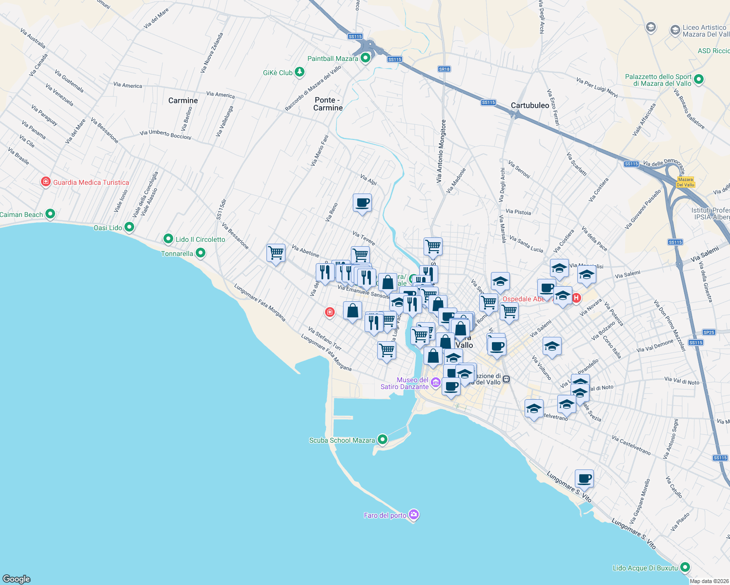 map of restaurants, bars, coffee shops, grocery stores, and more near 17 Via Pietro Mascagni in Mazara del Vallo