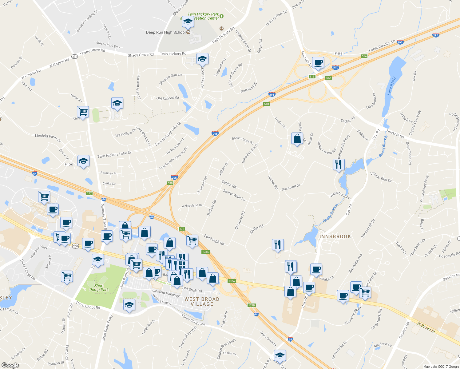 map of restaurants, bars, coffee shops, grocery stores, and more near 11477 Dublin Road in Glen Allen