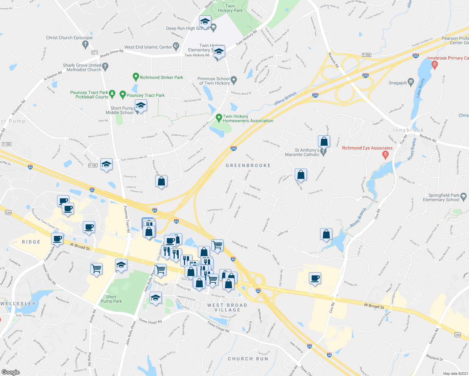 map of restaurants, bars, coffee shops, grocery stores, and more near 11500 Sadler Walk Lane in Glen Allen