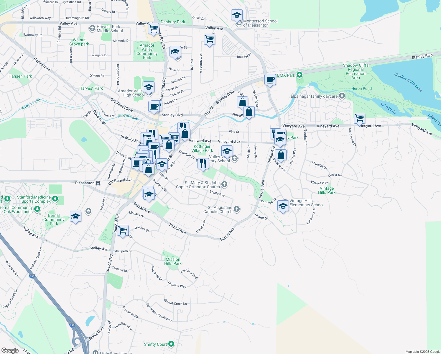 map of restaurants, bars, coffee shops, grocery stores, and more near 4224 Cabernet Court in Pleasanton
