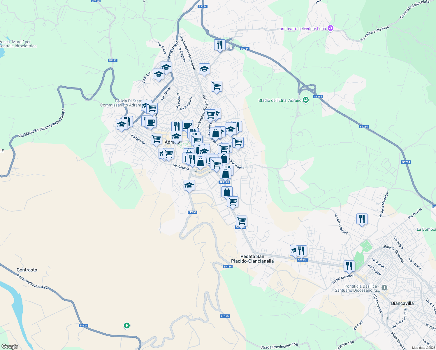 map of restaurants, bars, coffee shops, grocery stores, and more near Via Capuccini in Adrano