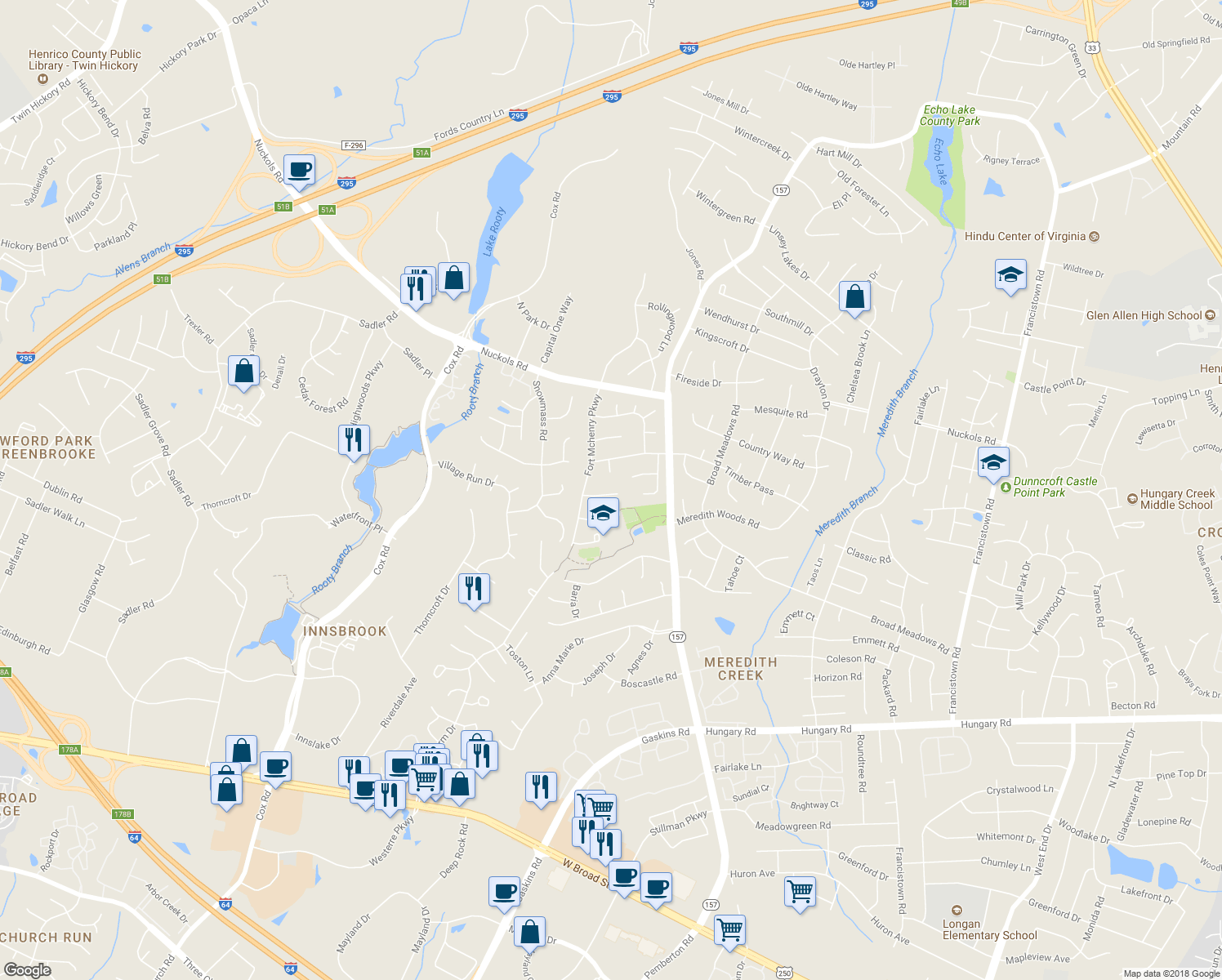 map of restaurants, bars, coffee shops, grocery stores, and more near 10712 Shadyford Lane in Glen Allen