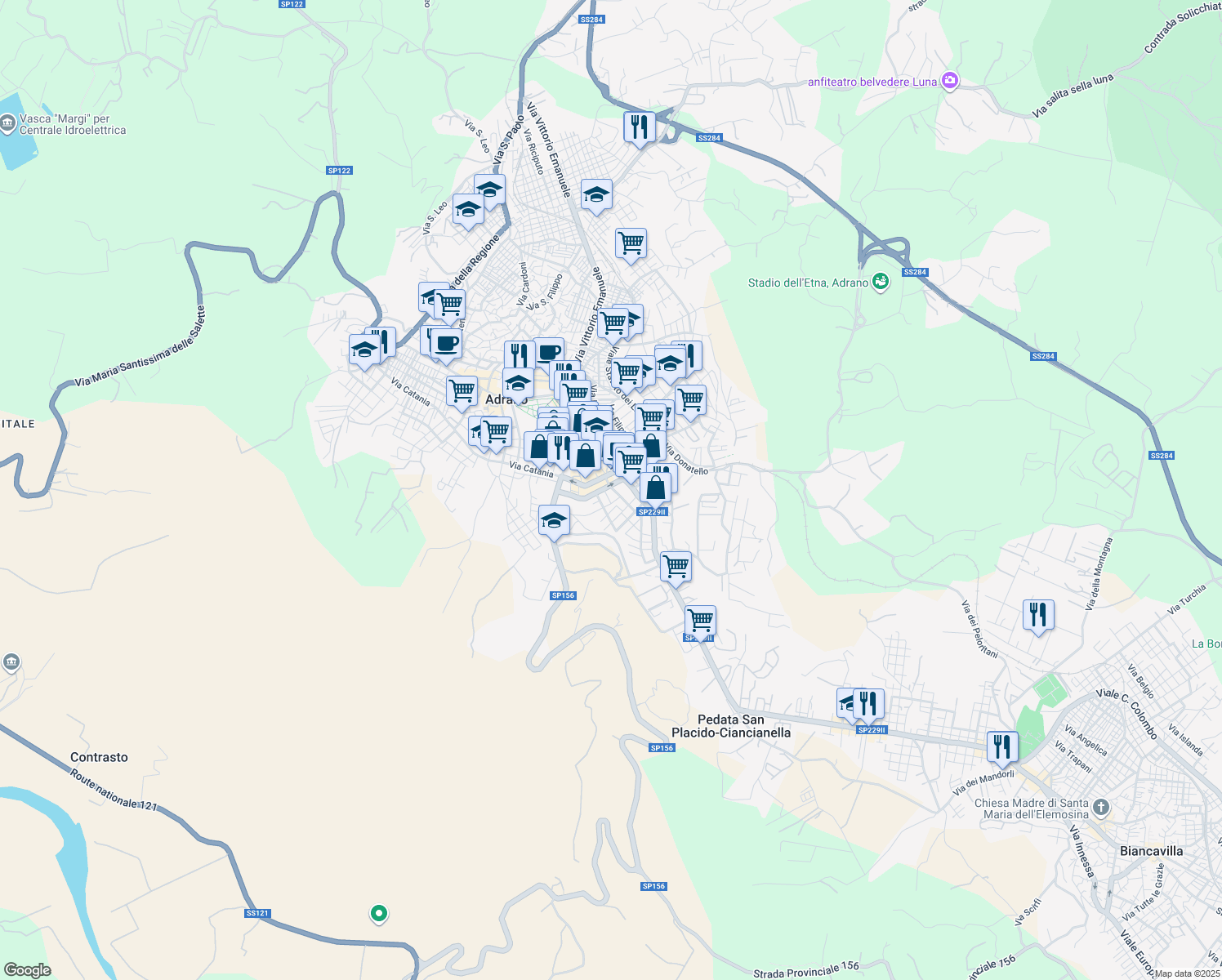map of restaurants, bars, coffee shops, grocery stores, and more near 20 Via Ettore Majorana in Adrano