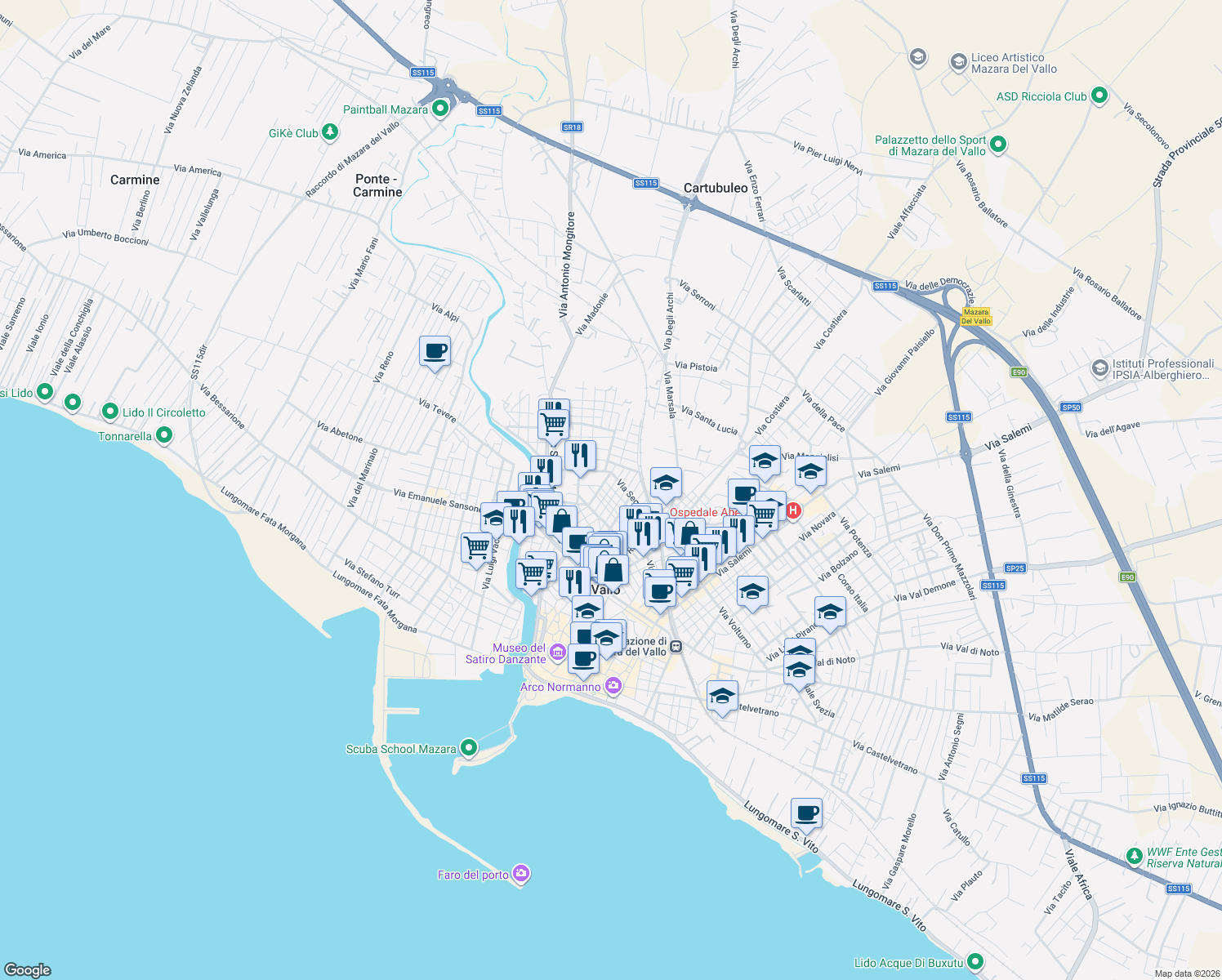 map of restaurants, bars, coffee shops, grocery stores, and more near 60 Via Centorbi Giuseppe in Mazara del Vallo