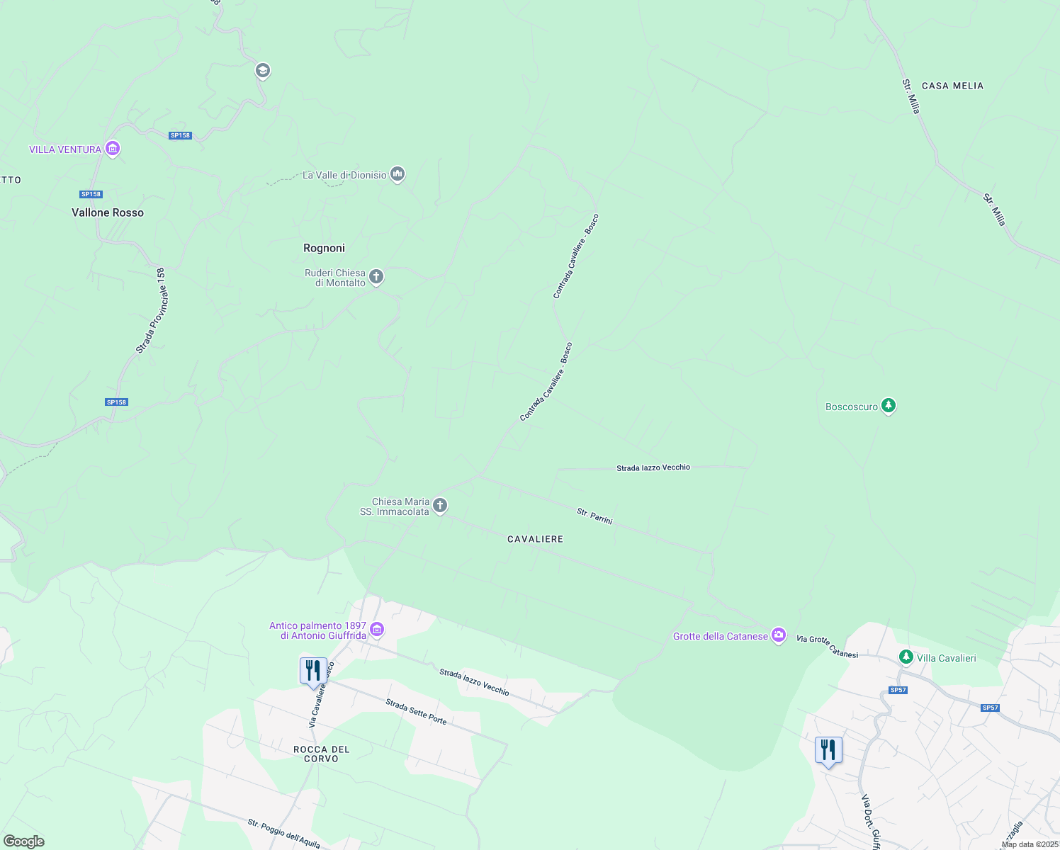 map of restaurants, bars, coffee shops, grocery stores, and more near 213 Via Cavaliere Bosco in Città metropolitana di Catania