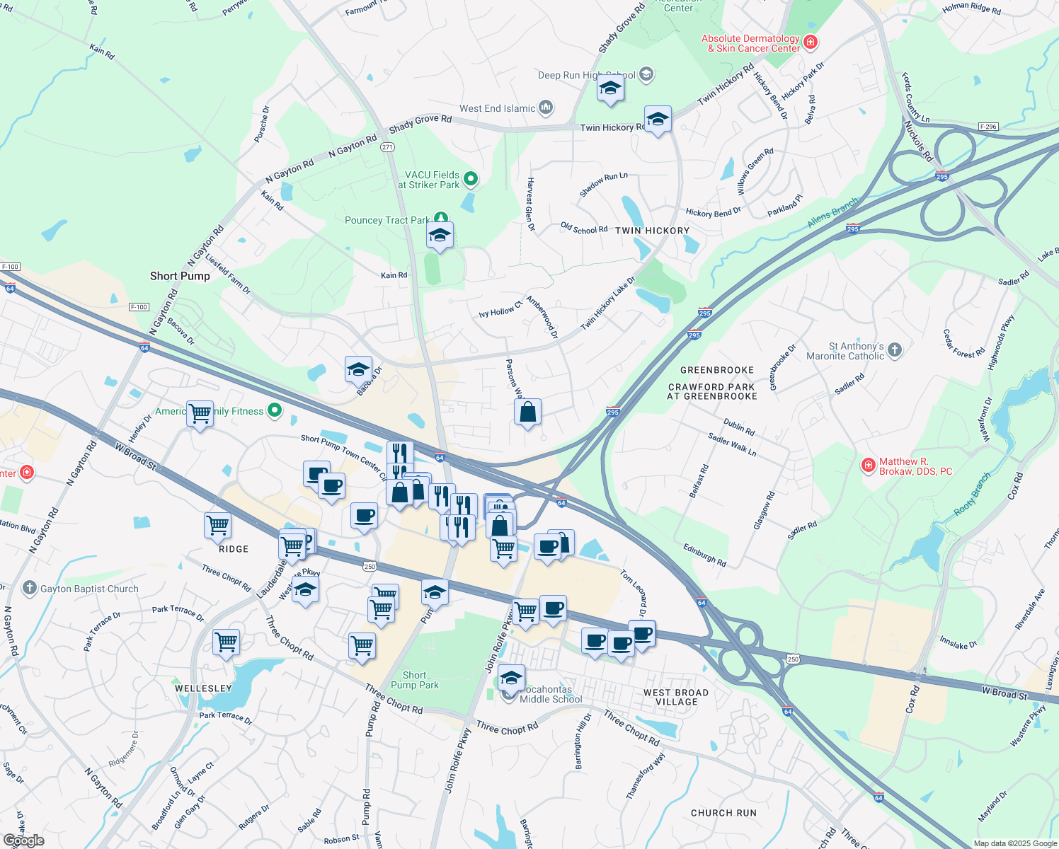 map of restaurants, bars, coffee shops, grocery stores, and more near 11628 Parsons Walk Court in Glen Allen