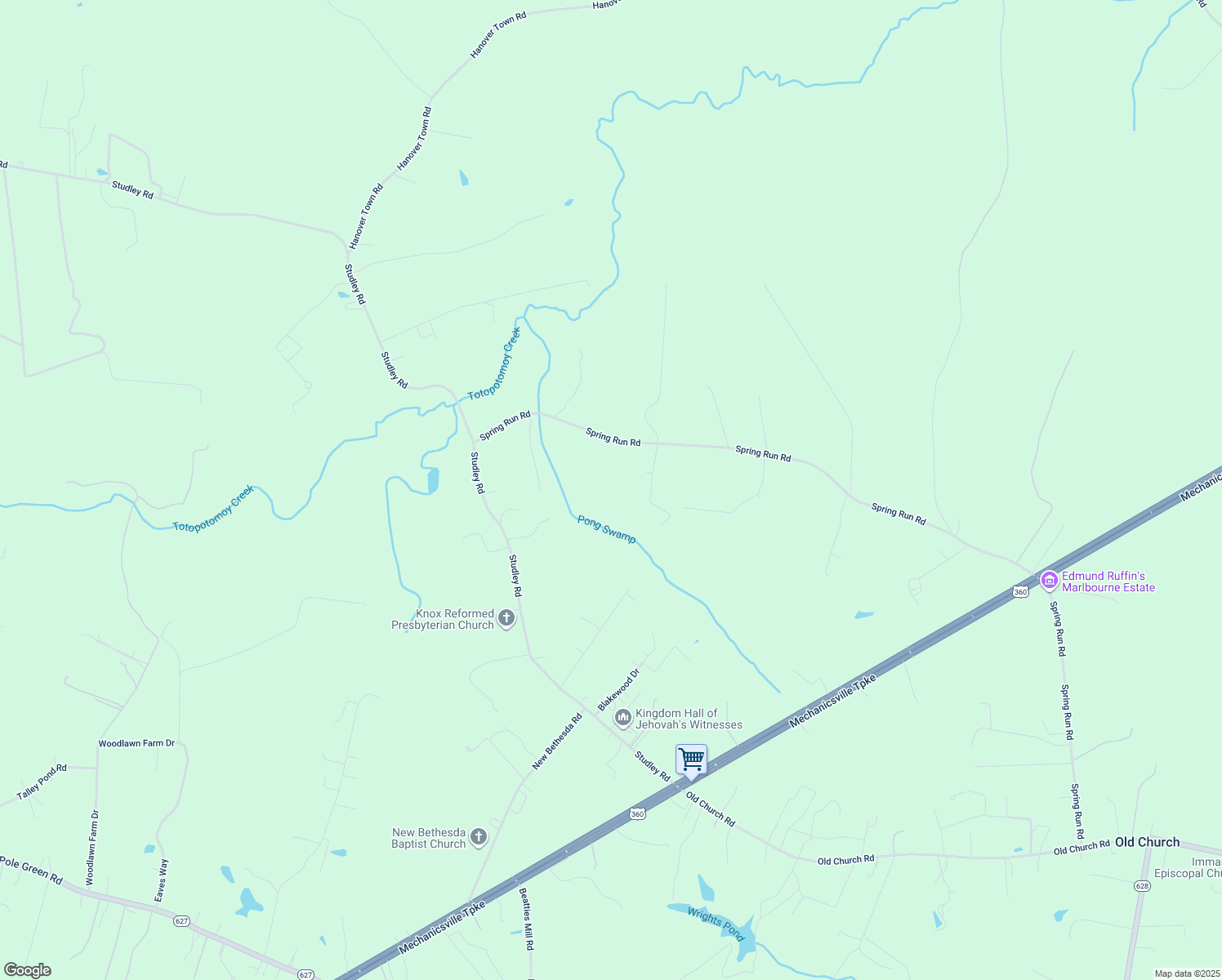 map of restaurants, bars, coffee shops, grocery stores, and more near 4269 Spring Run Road in Mechanicsville