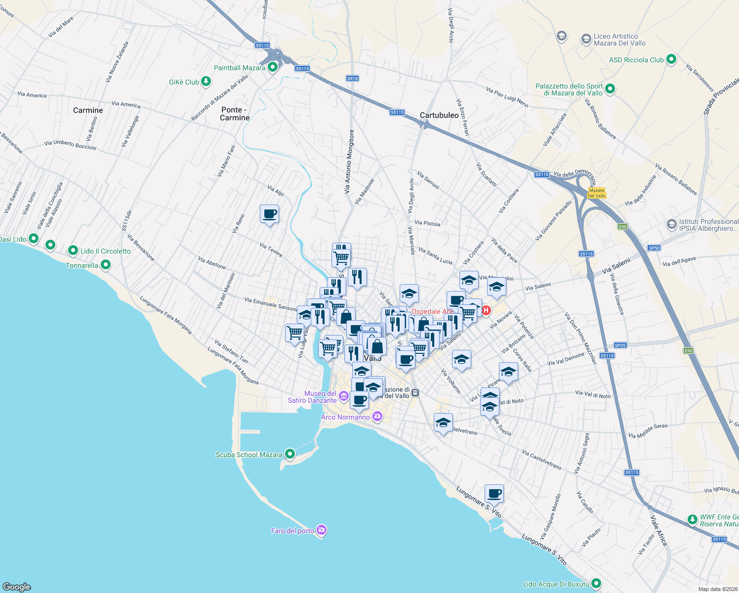map of restaurants, bars, coffee shops, grocery stores, and more near 60 Via Centorbi Giuseppe in Mazara del Vallo