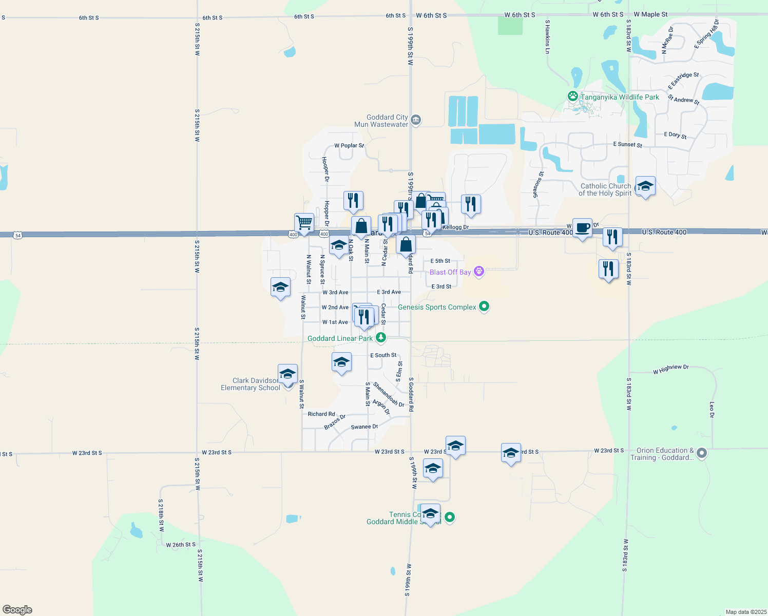 map of restaurants, bars, coffee shops, grocery stores, and more near 230 Cedar Street in Goddard