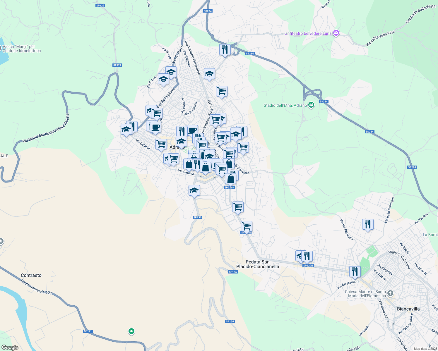 map of restaurants, bars, coffee shops, grocery stores, and more near 20 Via Ettore Majorana in Adrano