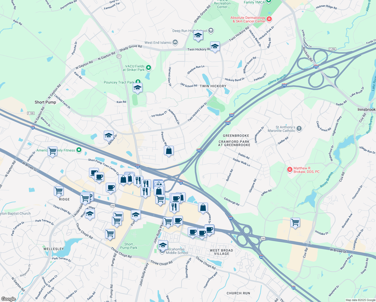 map of restaurants, bars, coffee shops, grocery stores, and more near 11612 Cobblestone Landing Court in Glen Allen