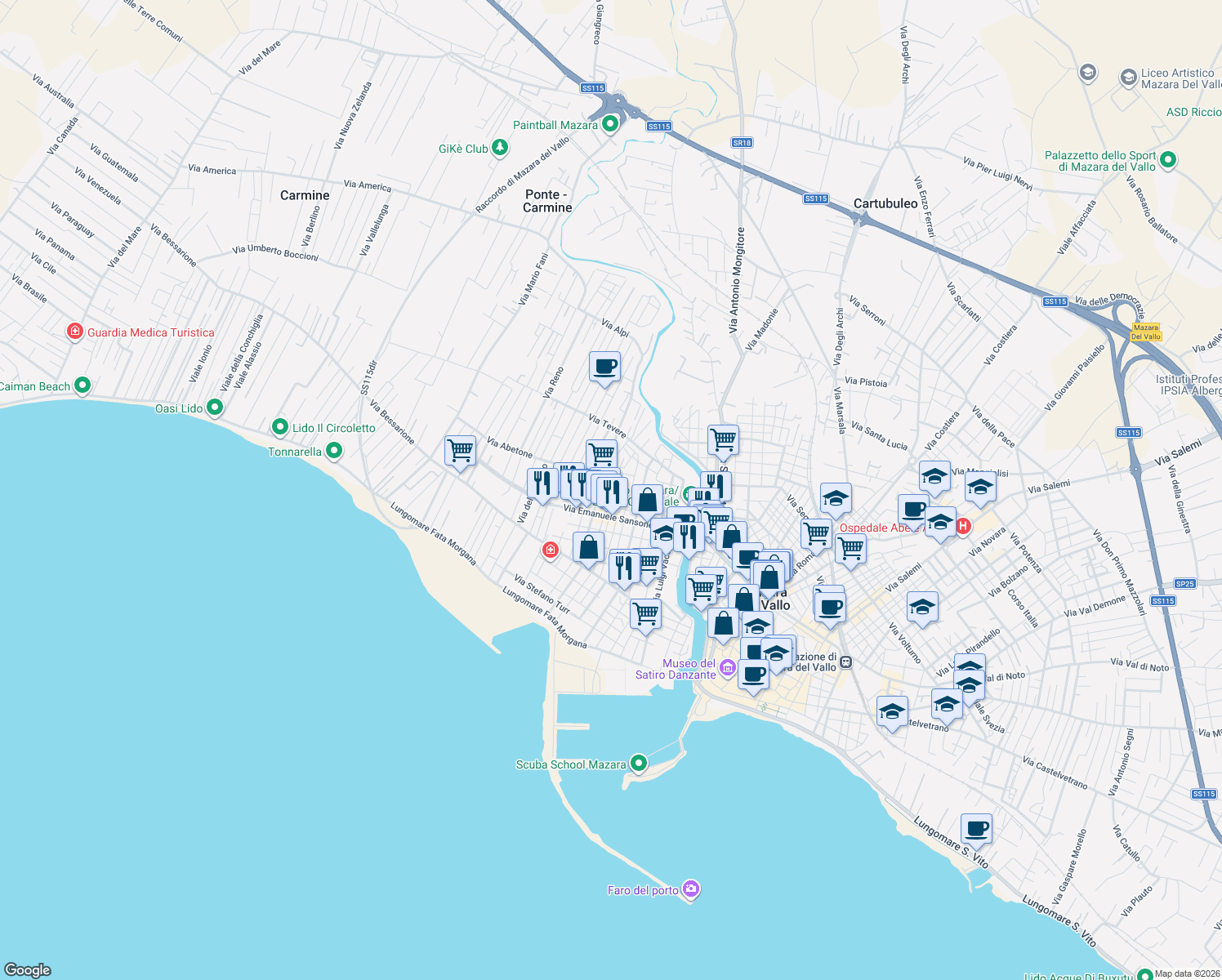 map of restaurants, bars, coffee shops, grocery stores, and more near 17 Via Pietro Mascagni in Mazara del Vallo