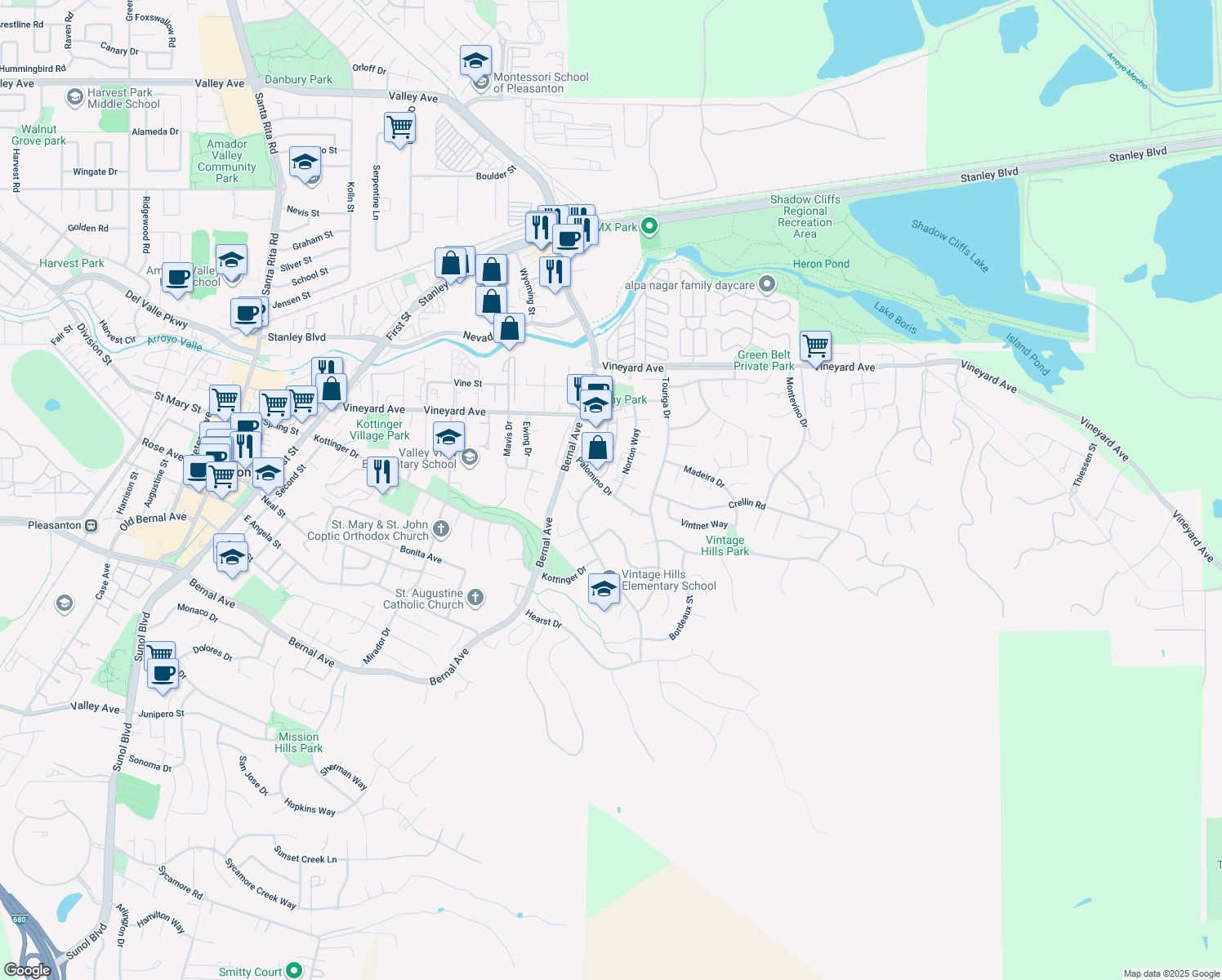 map of restaurants, bars, coffee shops, grocery stores, and more near 744 Palomino Drive in Pleasanton