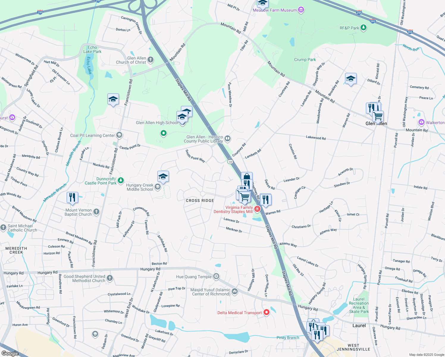 map of restaurants, bars, coffee shops, grocery stores, and more near 3321 Corrotoman Road in Glen Allen